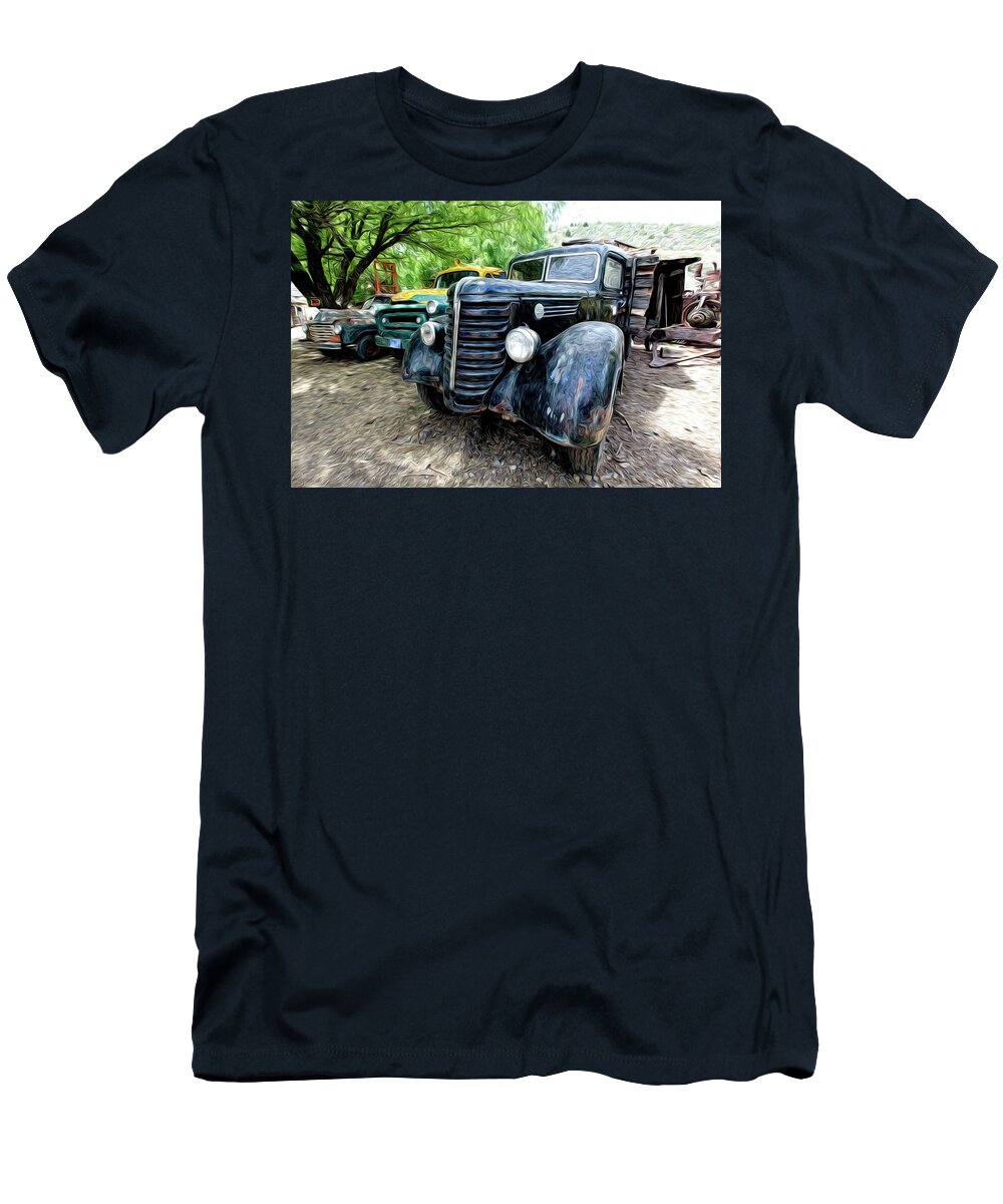 Old Antique Trucks. Fine Anyique Art. Digtal Art Photography. Digtal Wall Art. Fine Art Greeing Cards. Fine Art Note Cards. Old Fram Trucks. Fine Wall Art. Gallery Wall Art. Tractor. Trees. Farmyard. Hay. Bails. Roosters. Chicken. Feed. Water. Cows. Bulls. Cowboy.  T-Shirt featuring the photograph The Three Amigos by James Steele