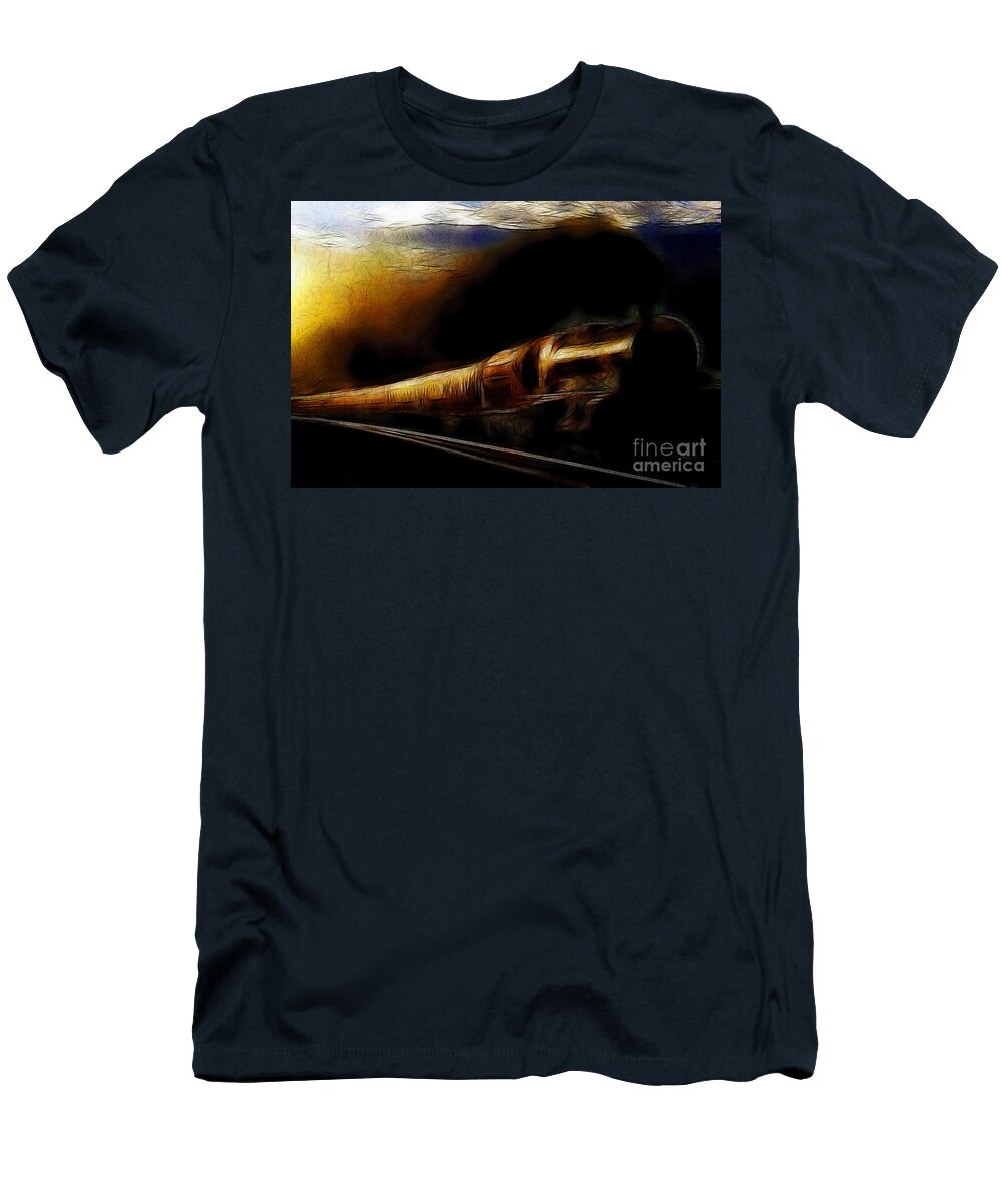 Transportation T-Shirt featuring the photograph Through The Dark of Night Rises The New Morning Glow . Such is the Life of The Old Engine by Wingsdomain Art and Photography