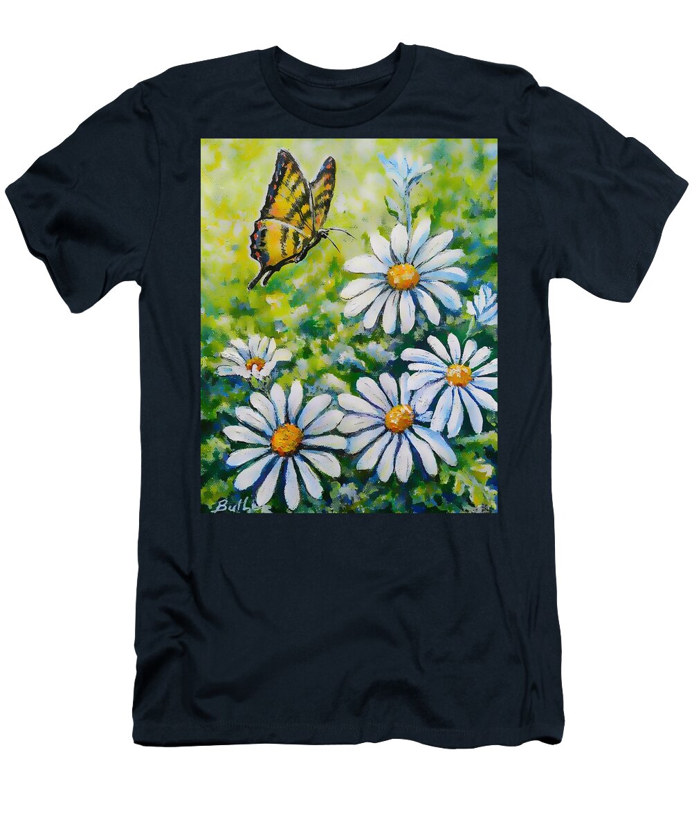 Butterfly Daisy Flower T-Shirt featuring the painting Tiger and Daisies by Gail Butler