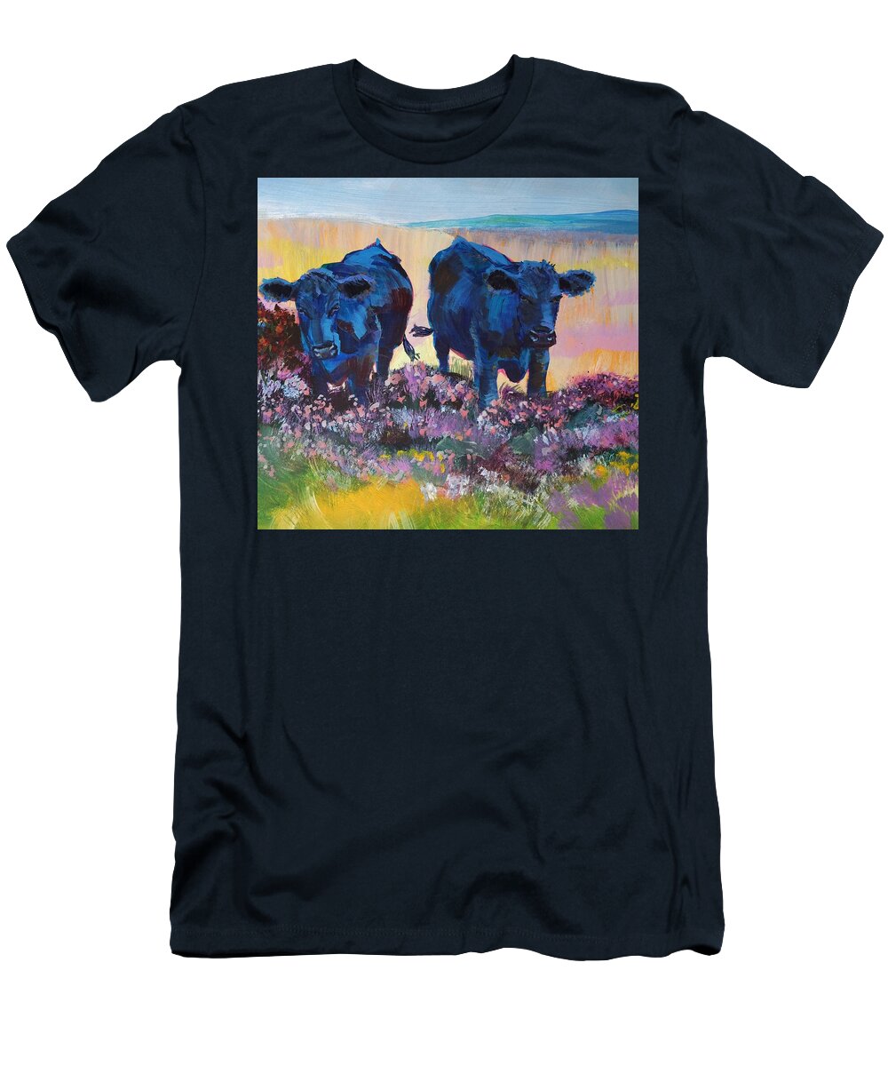 Black Cows On Dartmoor T-Shirt featuring the painting Two Black Cows On Dartmoor by Mike Jory