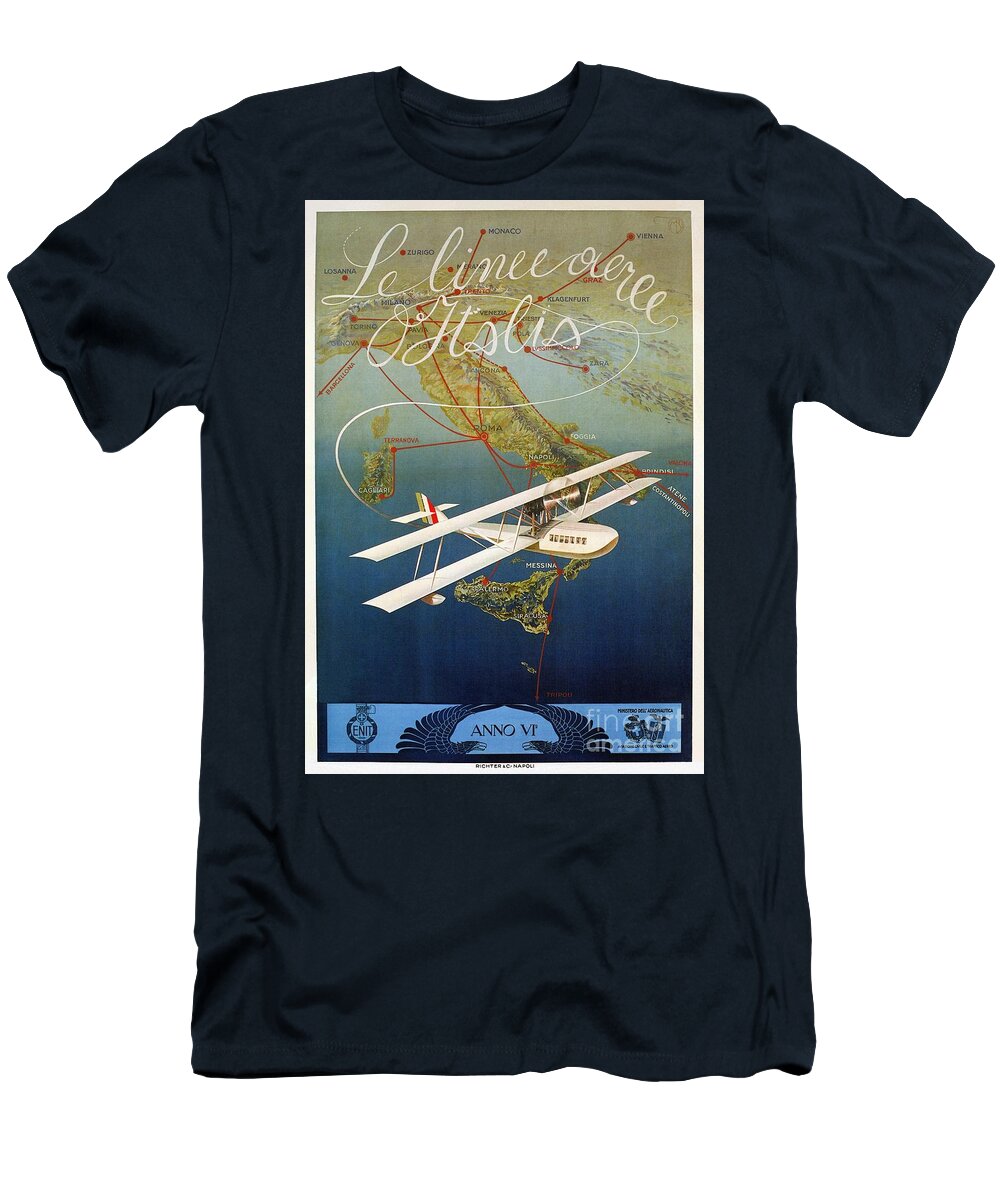 Italy T-Shirt featuring the digital art Vintage 1920s island plane shuttle Italian travel by Heidi De Leeuw