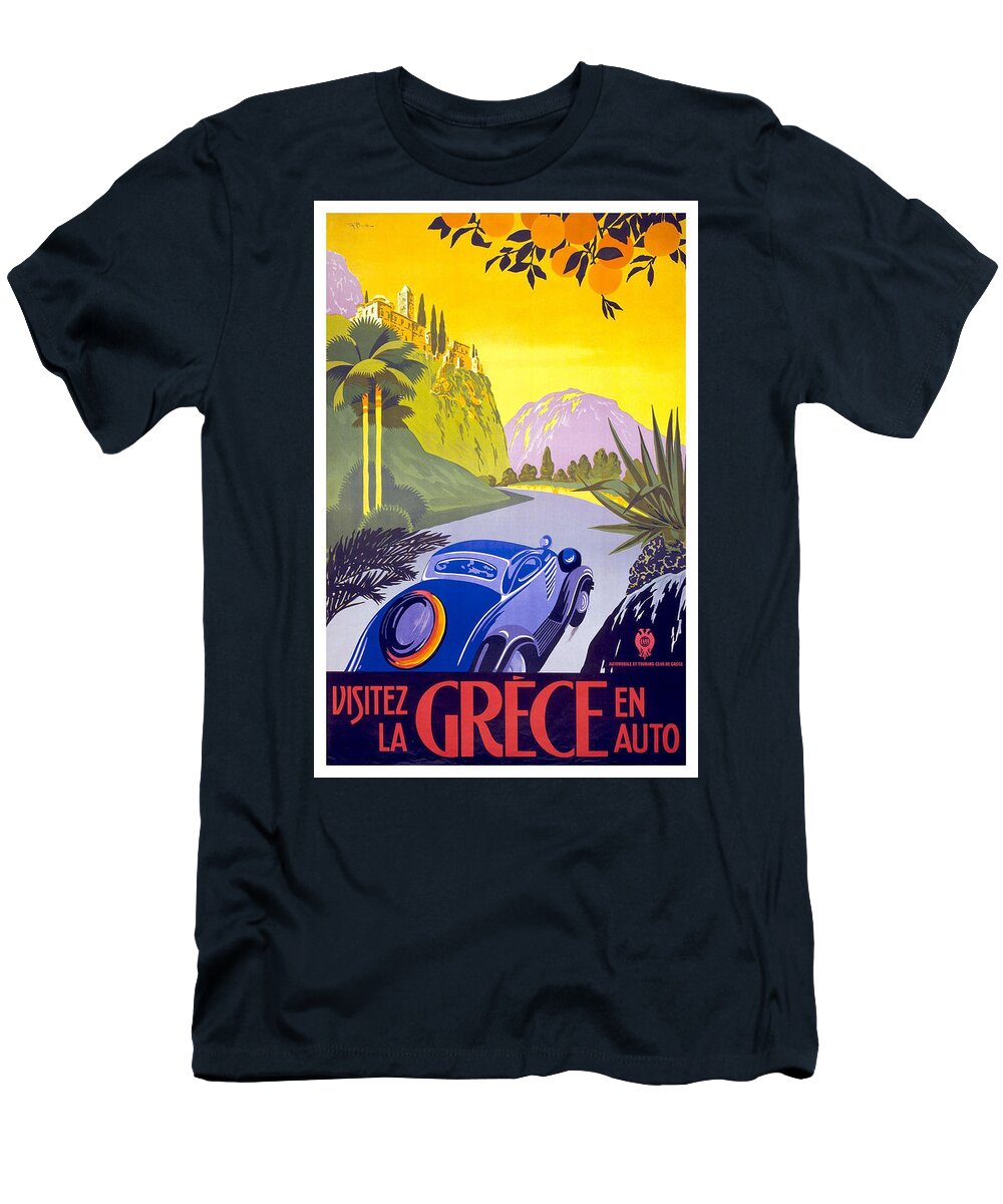 Greece T-Shirt featuring the painting Vintage Blue Car in a countryside landscape in Greece - Vintage Travel Poster by Studio Grafiikka