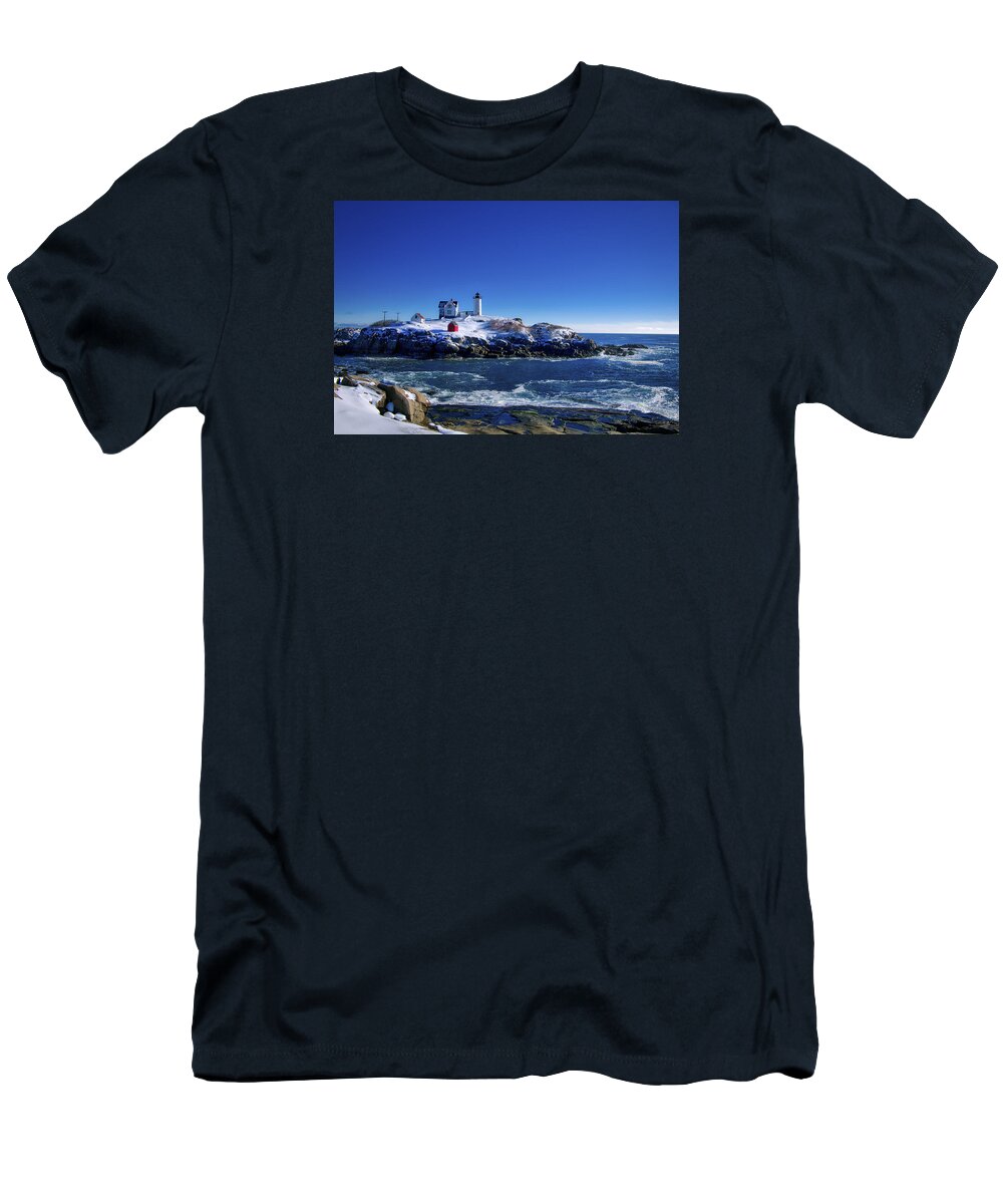 Atlantic T-Shirt featuring the photograph Winter at the Nubble Lighthouse - York - Maine II by Steven Ralser