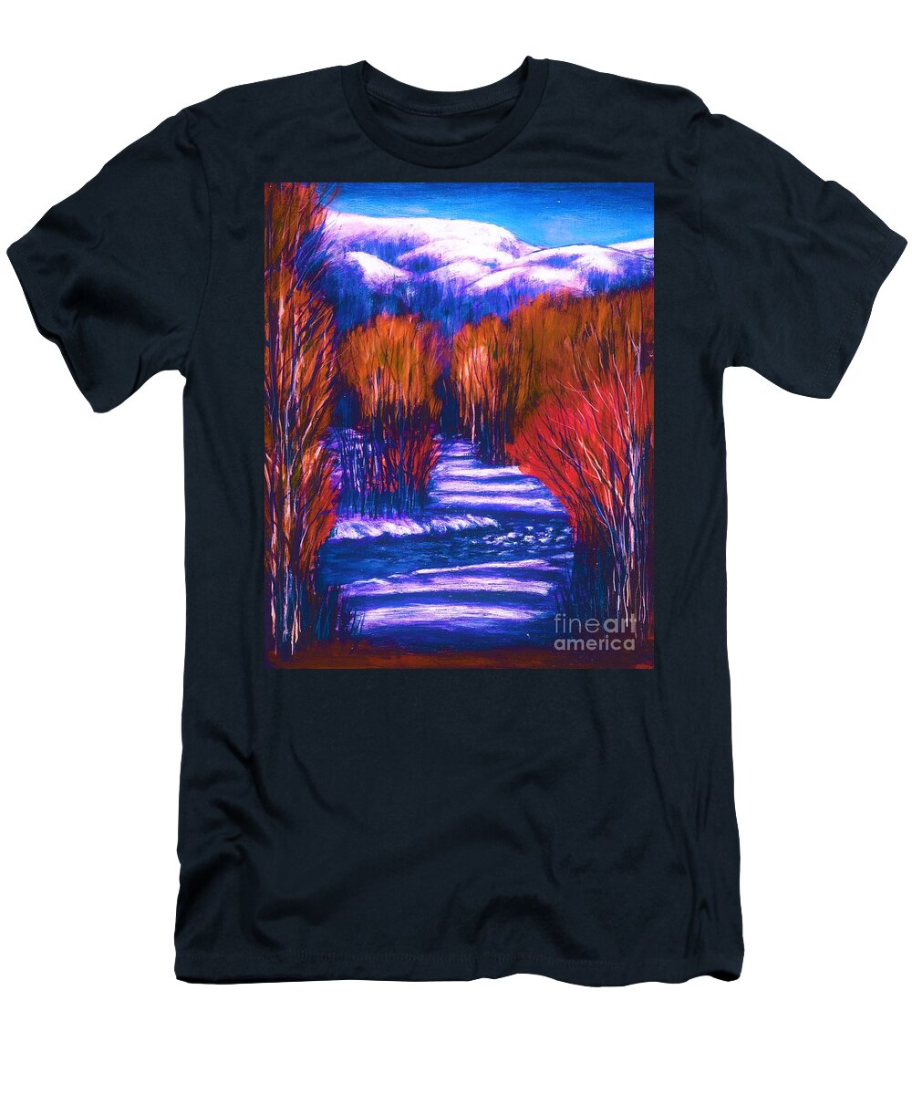 #art #artist #beautiful #colorful #fall #fineart #forest #greenliving #iloveart #interiordesign #landscape #luxuryart #mood #mountains #nature #natureaddict #newartwork #painting #river #snow #trees #winter #winterwonderland T-Shirt featuring the painting Winter Shadows by Allison Constantino