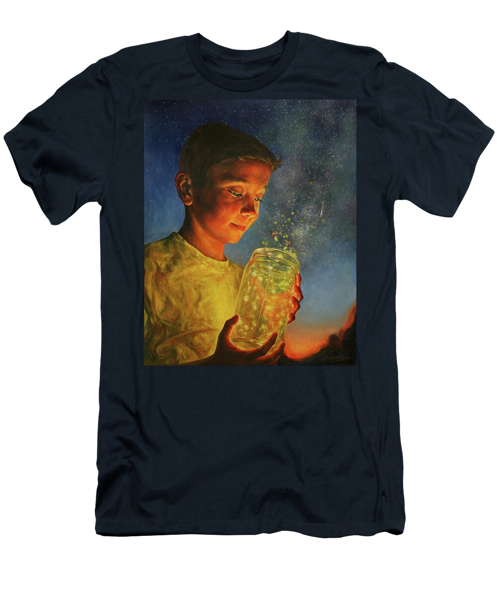 Portrait T-Shirt featuring the painting Wishes and Fireflies by Marianna Foster