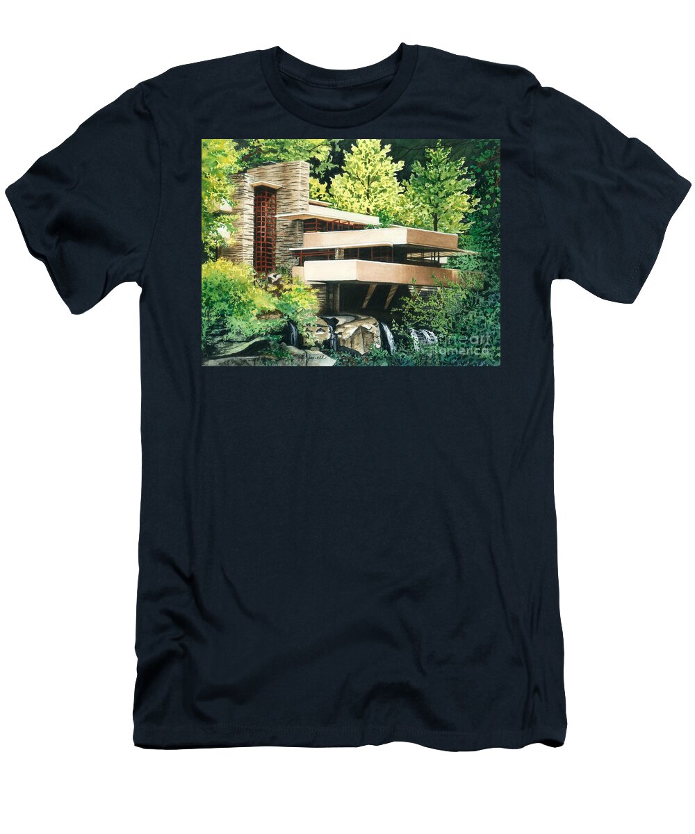 Watercolor Trees T-Shirt featuring the painting Fallingwater-a Woodland Retreat by Frank Lloyd Wright by Barbara Jewell