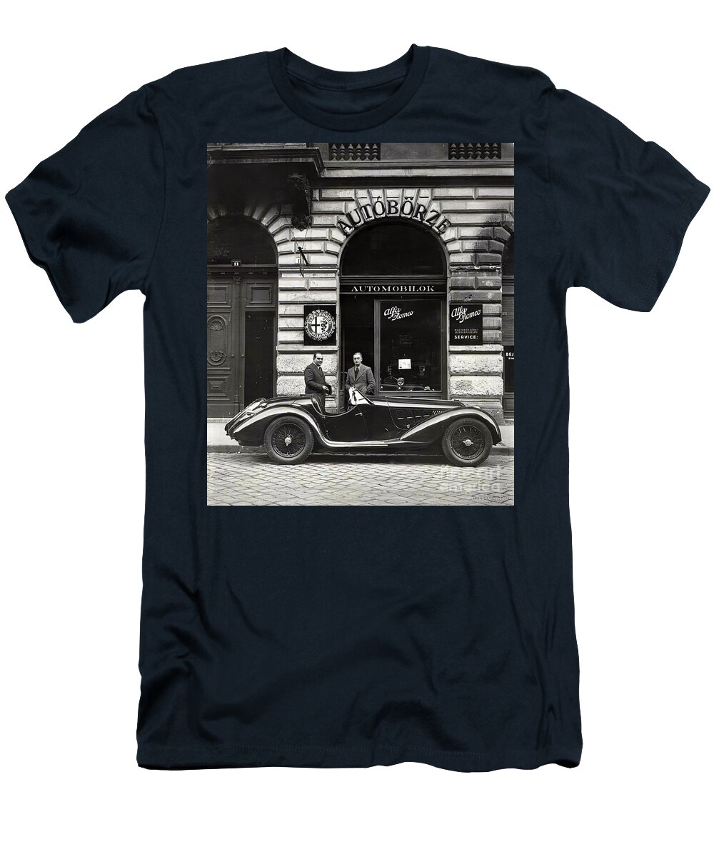 Vintage T-Shirt featuring the photograph 1939 Alfa Romeo 8c2900 Spyder Auto Borzi Dealership by Retrographs