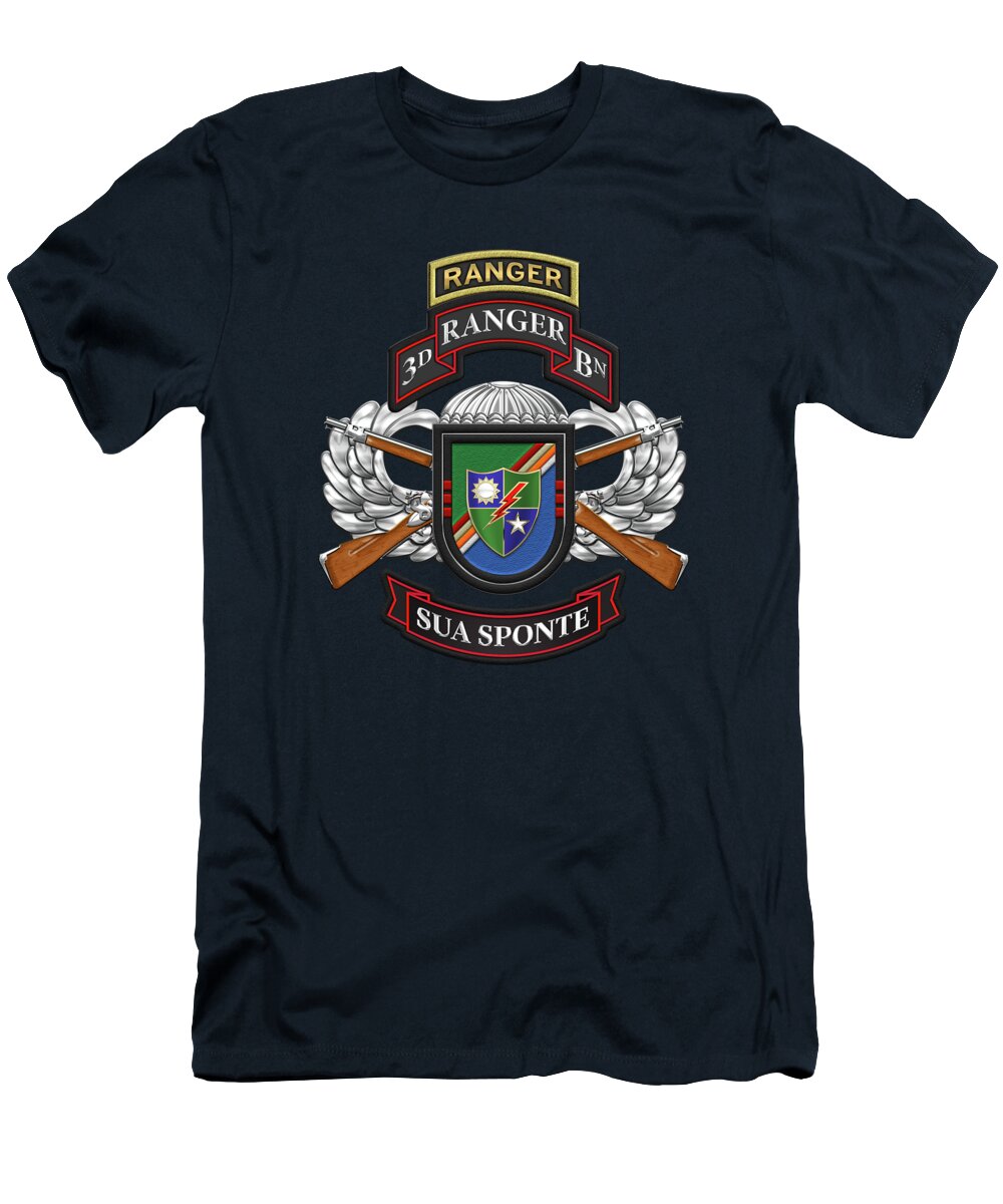  Military Insignia & Heraldry By Serge Averbukh T-Shirt featuring the digital art 3rd Ranger Battalion - Army Rangers Special Edition over Blue Velvet by Serge Averbukh