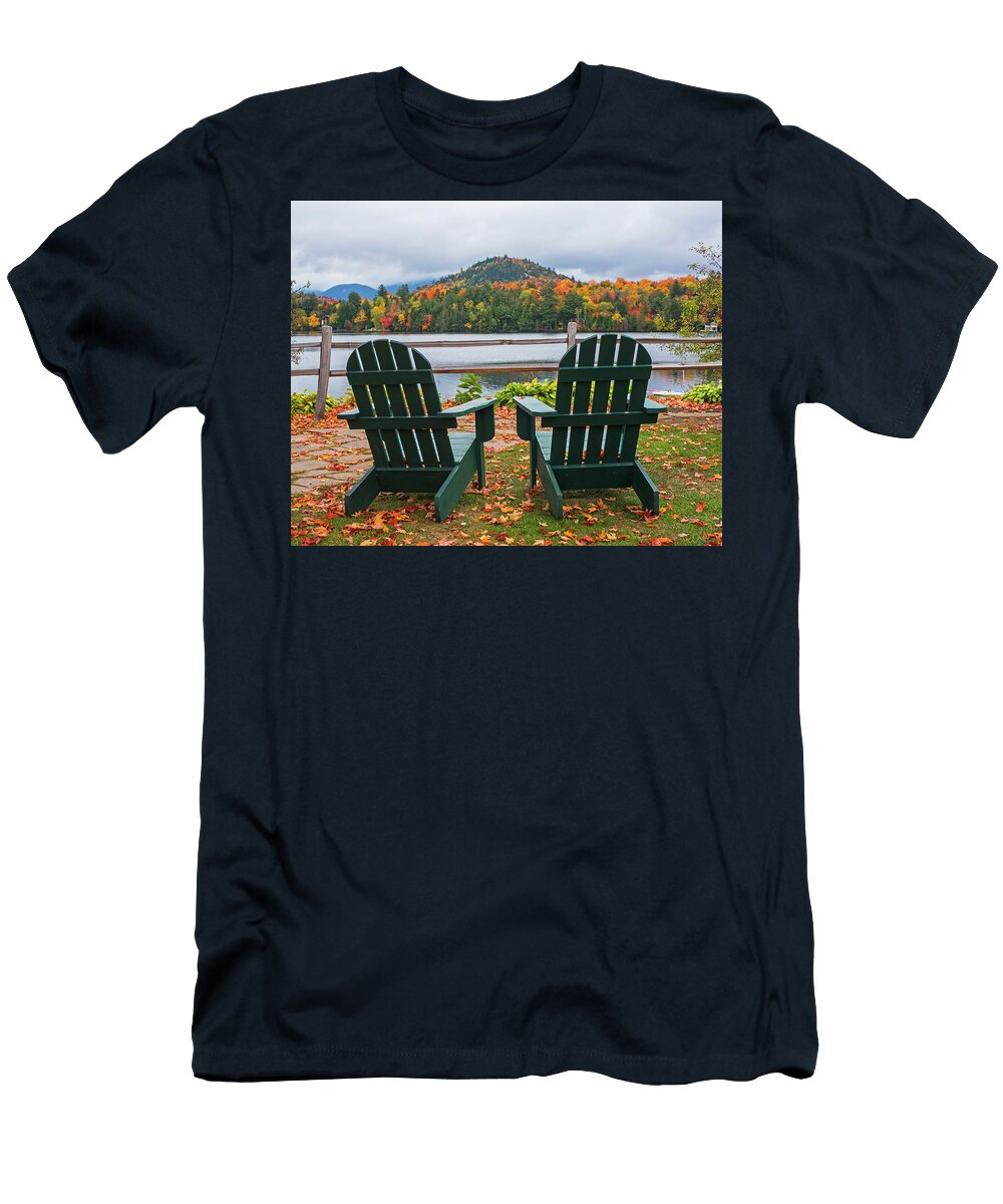 Mirror T-Shirt featuring the photograph Adirondack Chairs in the Adirondacks. Mirror Lake Lake Placid NY New York by Toby McGuire