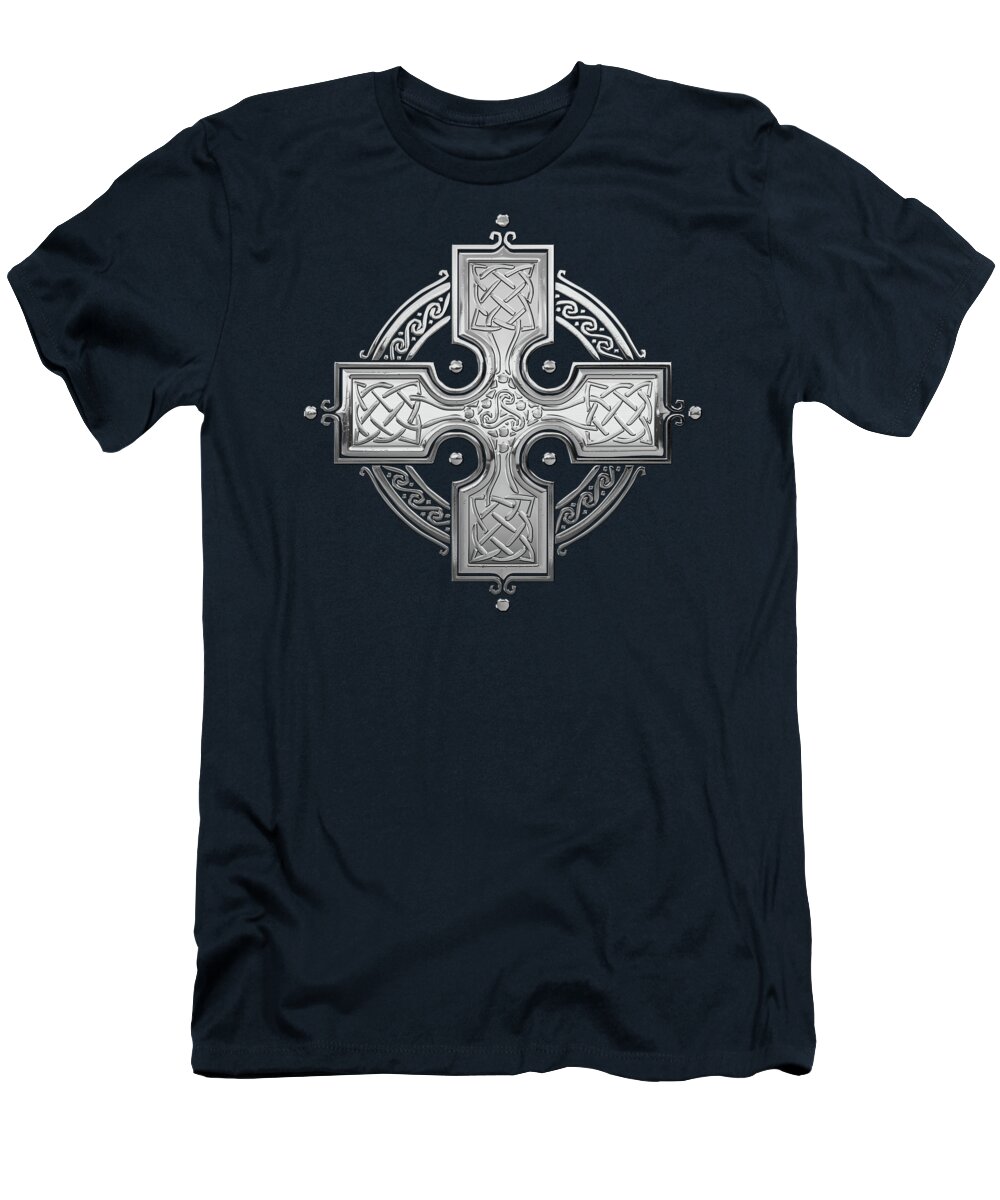 ‘celtic Treasures’ Collection By Serge Averbukh T-Shirt featuring the digital art Ancient Silver Celtic Knot Cross over Blue Velvet by Serge Averbukh