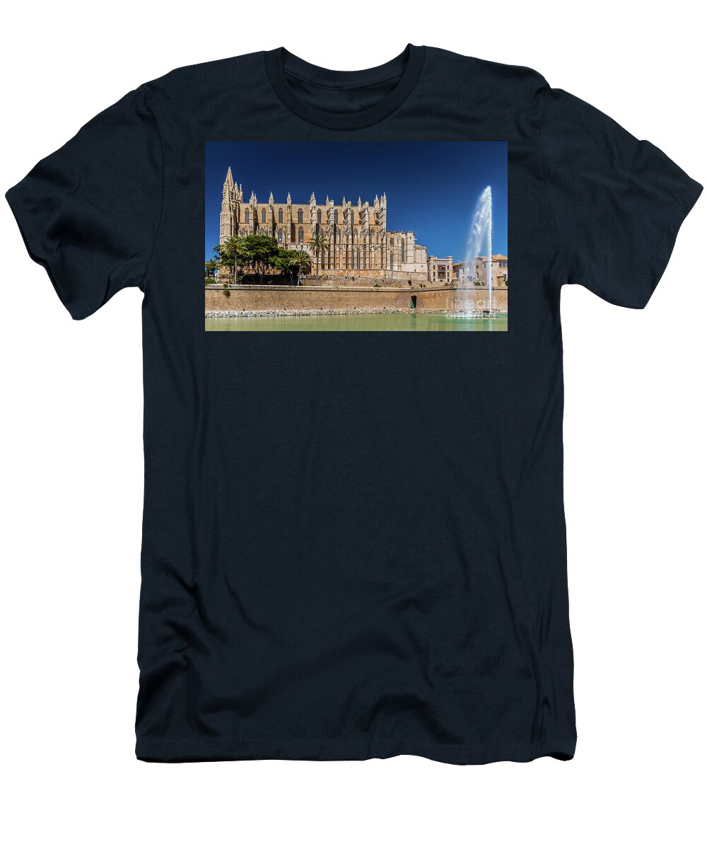 Cathedral T-Shirt featuring the photograph Catedral Basilica de Santa Maria de Mallorca, Spain by Lyl Dil Creations