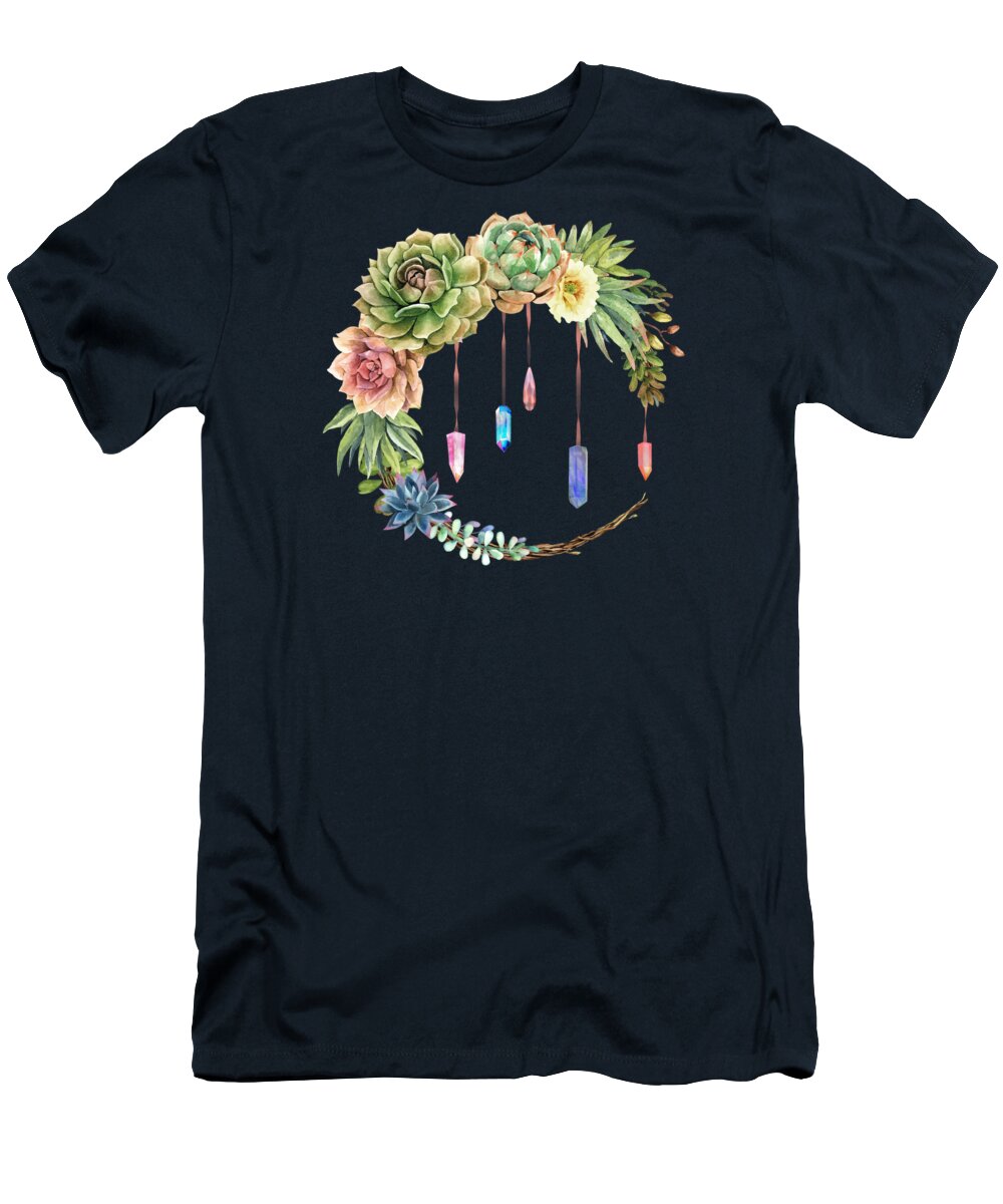  T-Shirt featuring the painting Crystal Crescent Moon With Lovely Succulents by Little Bunny Sunshine
