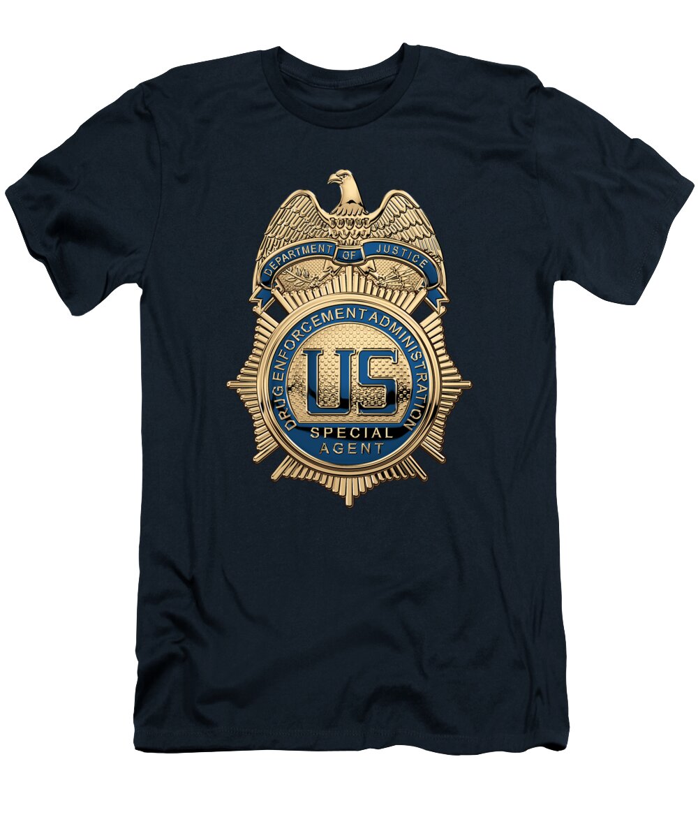  ‘law Enforcement Insignia & Heraldry’ Collection By Serge Averbukh T-Shirt featuring the digital art Drug Enforcement Administration - D E A Special Agent Badge over Blue Velvet by Serge Averbukh