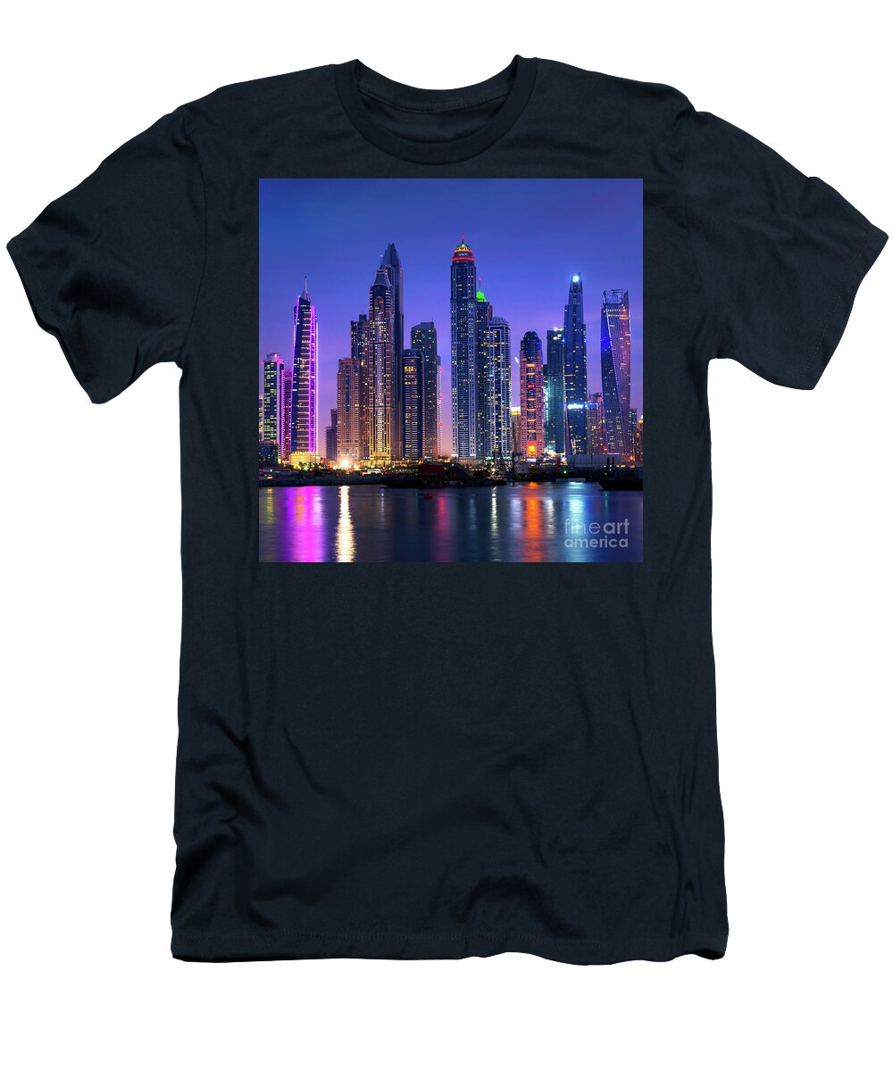 Dubai T-Shirt featuring the photograph Dubai marina skyline at night by Delphimages Photo Creations