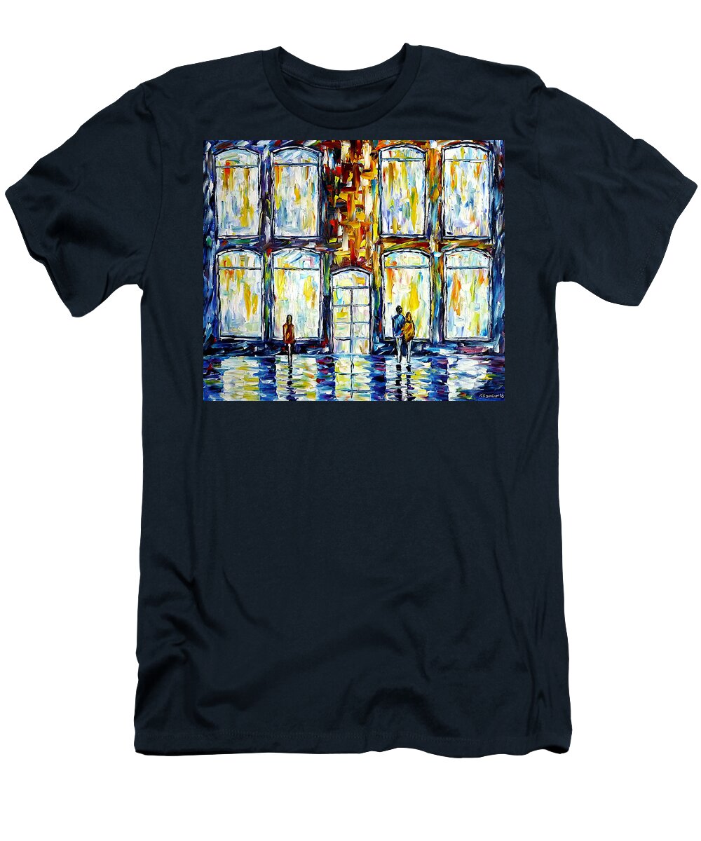 City Life T-Shirt featuring the painting In Front Of Shop Windows by Mirek Kuzniar