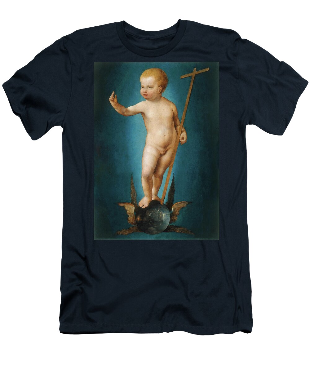 Joos Van Cleve T-Shirt featuring the painting Joos van Cleve -Cleve -?-, ca. 1485-Antwerp, 1540/41-. The Infant Christ on the Orb of the World ... by Joos van Cleve -c 1485-c 1540-