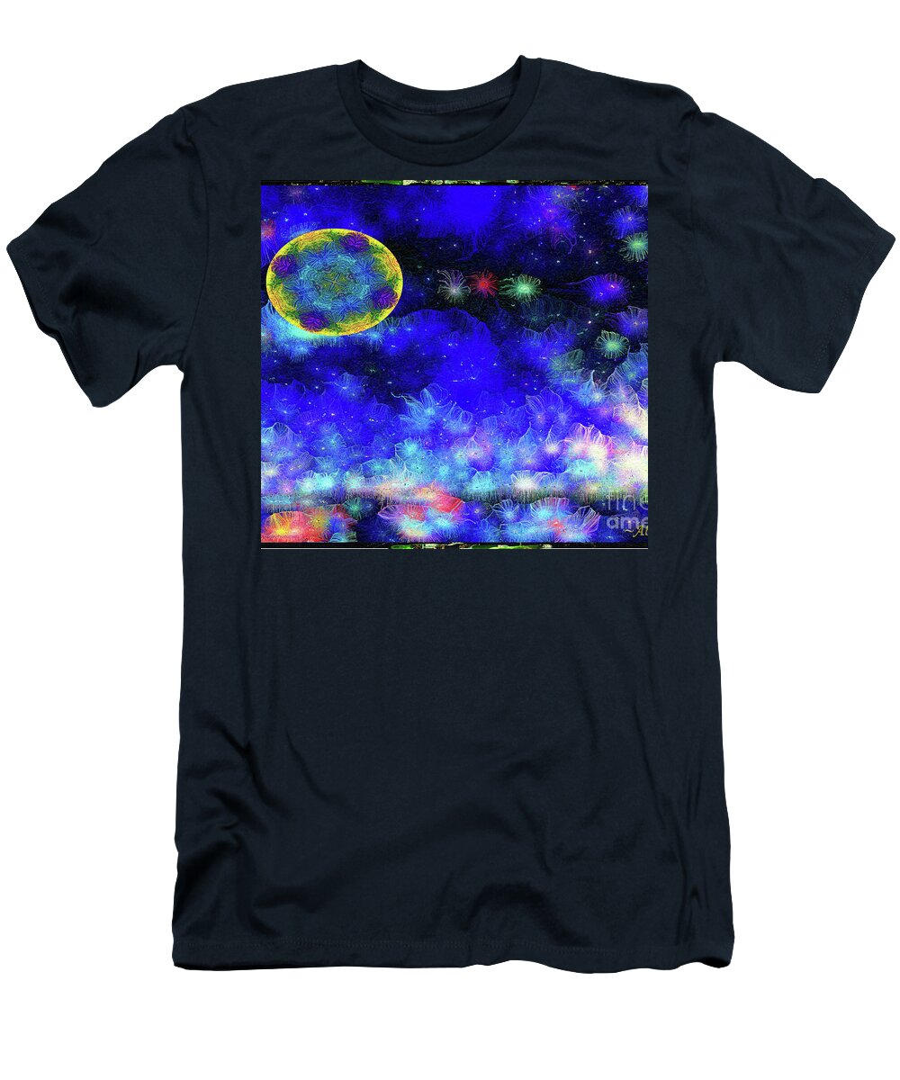 Moon T-Shirt featuring the mixed media Kaleidoscope Moon for Children Gone Too Soon Number 1 - Ascension by Aberjhani