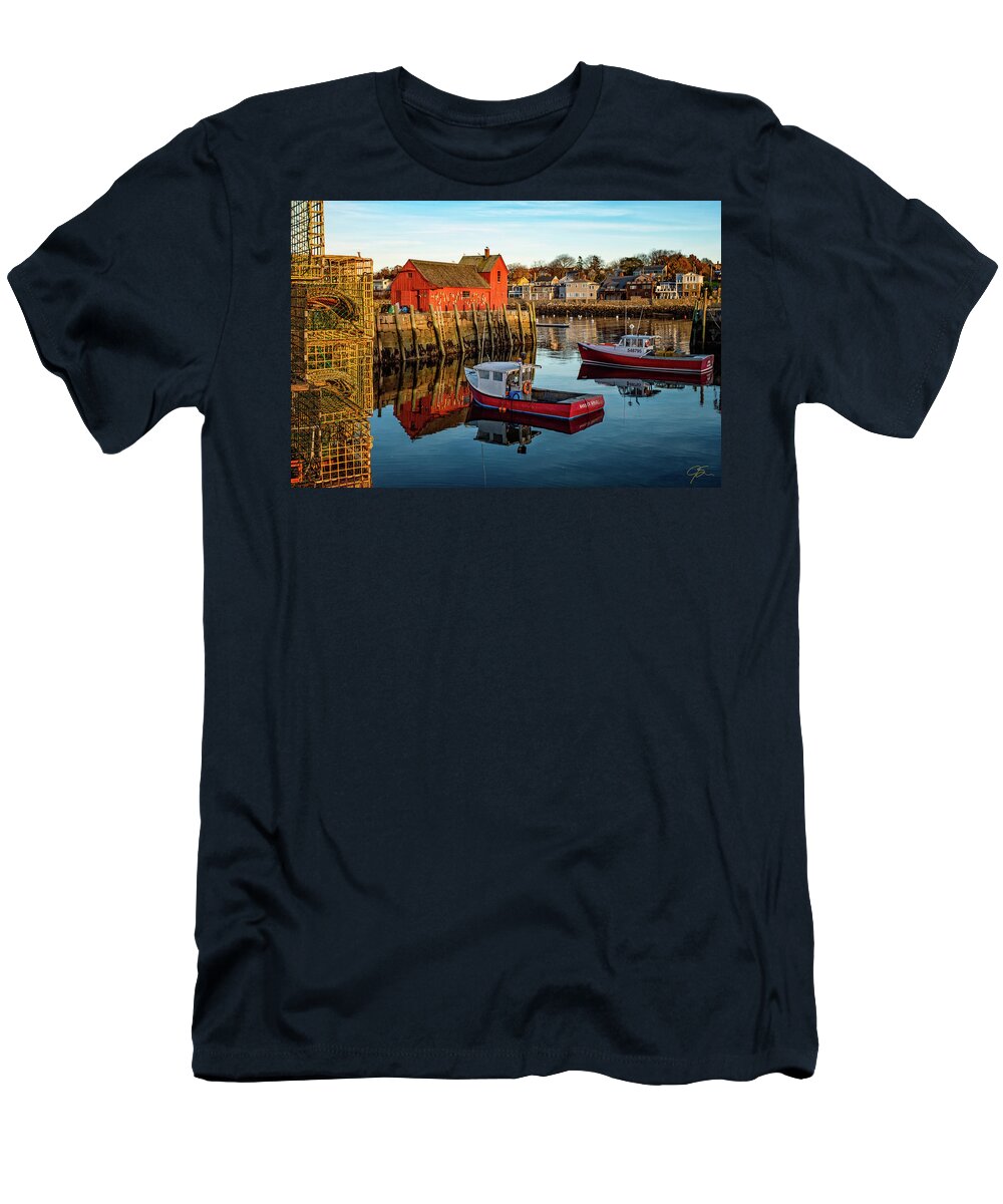 Massachusetts T-Shirt featuring the photograph Lobster Traps, Lobster Boats, and Motif #1 by Jeff Sinon