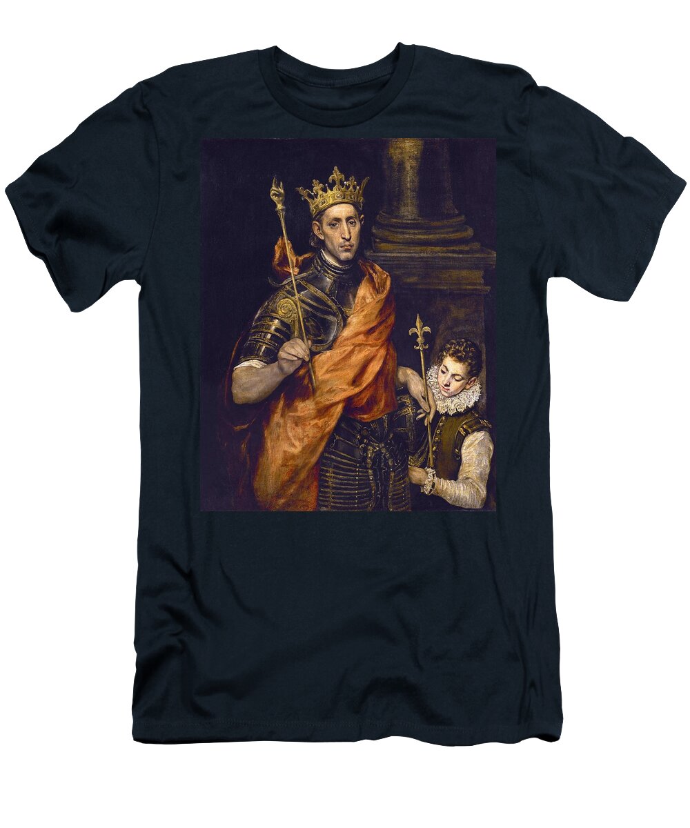El Greco T-Shirt featuring the painting 'Louis IX of France, and a Page', 1585-1590, Oil on canvas, 120 x 96 cm. EL GRECO . by El Greco -1541-1614-