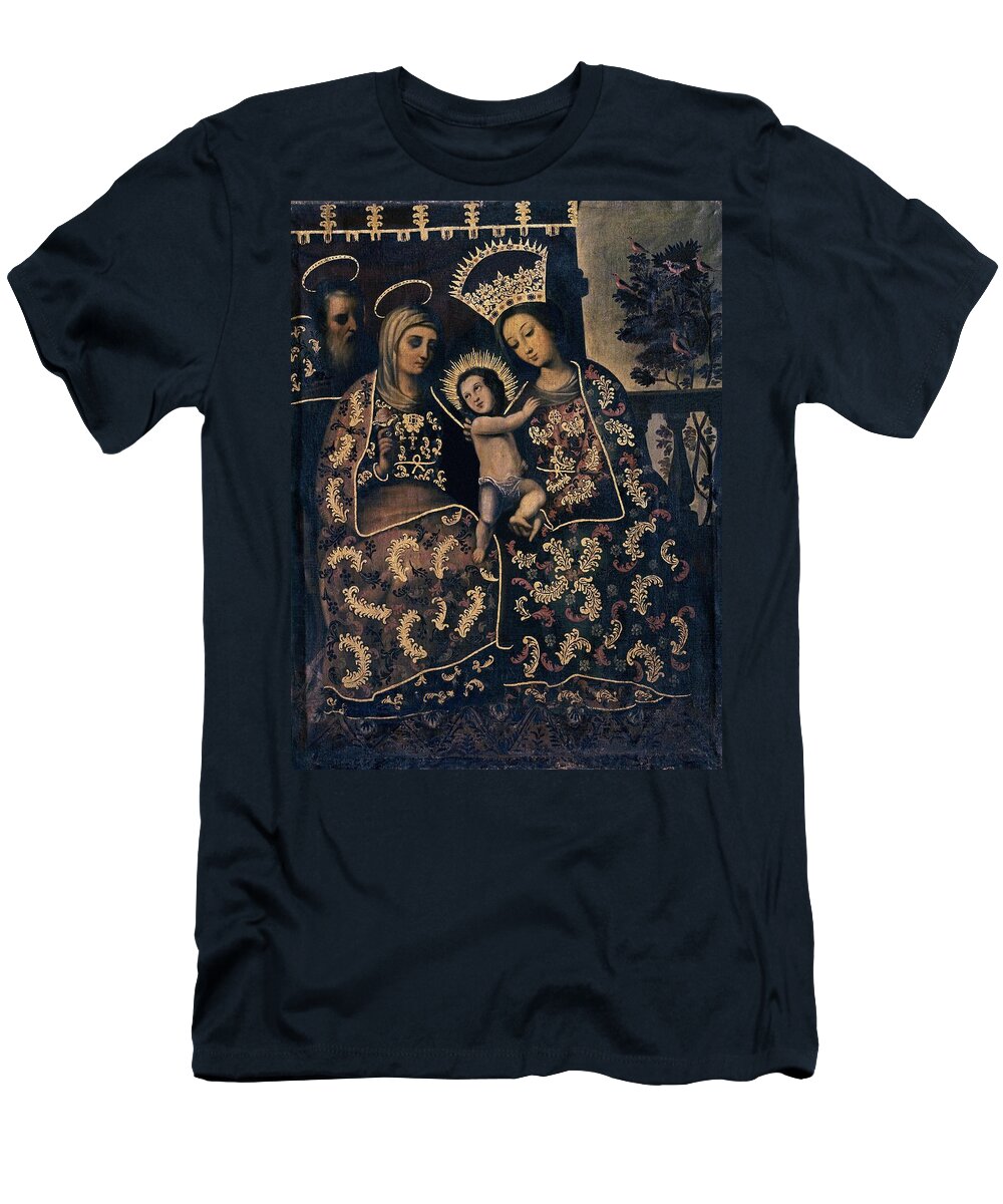Child Jesus T-Shirt featuring the painting Popular Painting. 17th Century. Child Jesus. Virgin Mary. Santa Ana Madre De La Virgen Maria. by Album