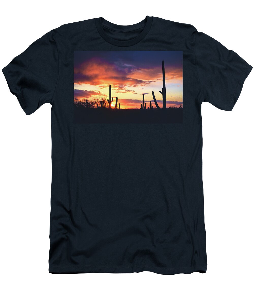 Tucson T-Shirt featuring the photograph Saguaros watch the sunset by Chance Kafka