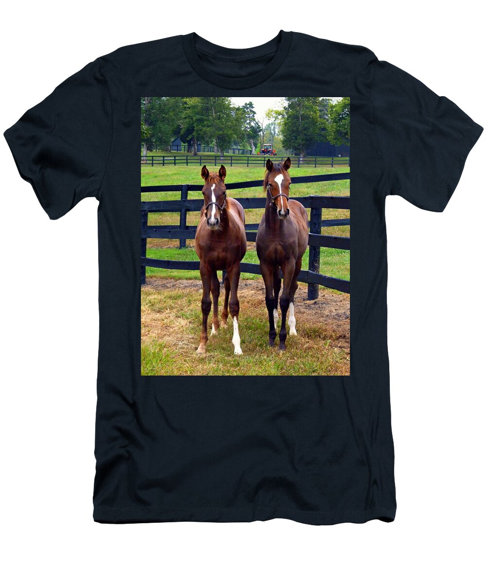 Young Thoroughbreds T-Shirt featuring the photograph Two Friends by Mike McBrayer