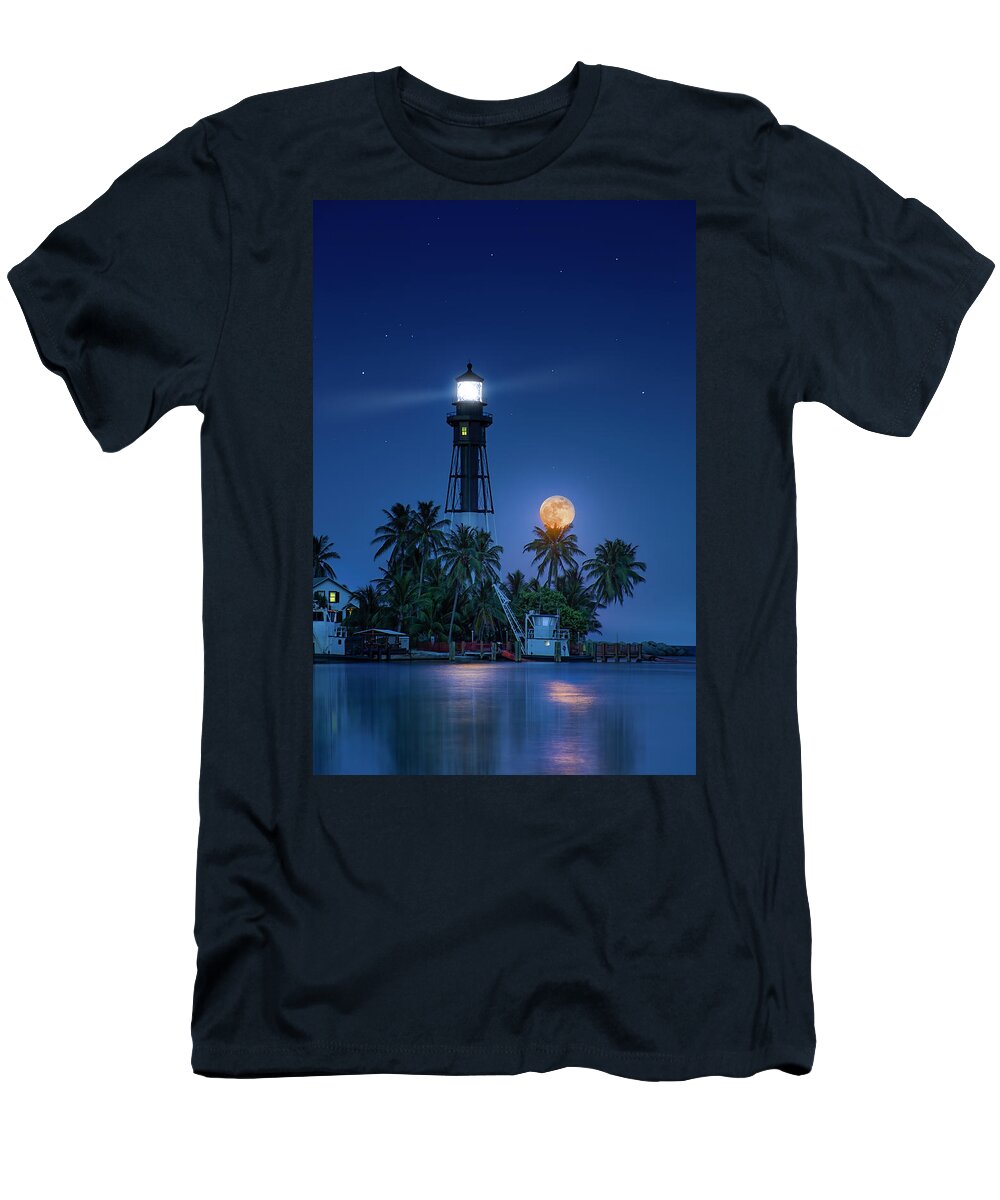 Lighthouse T-Shirt featuring the photograph Voyager's Moon by Mark Andrew Thomas