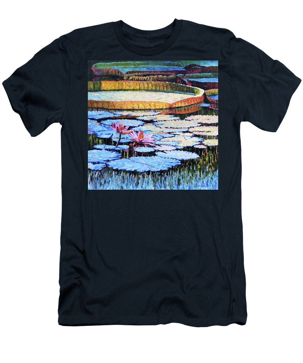 Water Lilies T-Shirt featuring the painting Golden Light on Lilies #1 by John Lautermilch