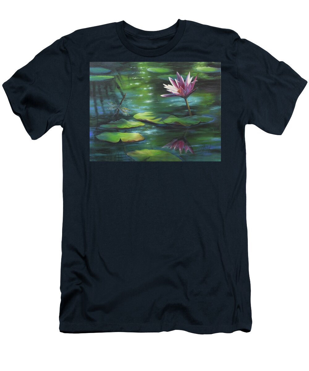 Water Lilies T-Shirt featuring the painting Dragonfly and Waterlily by Lynne Pittard