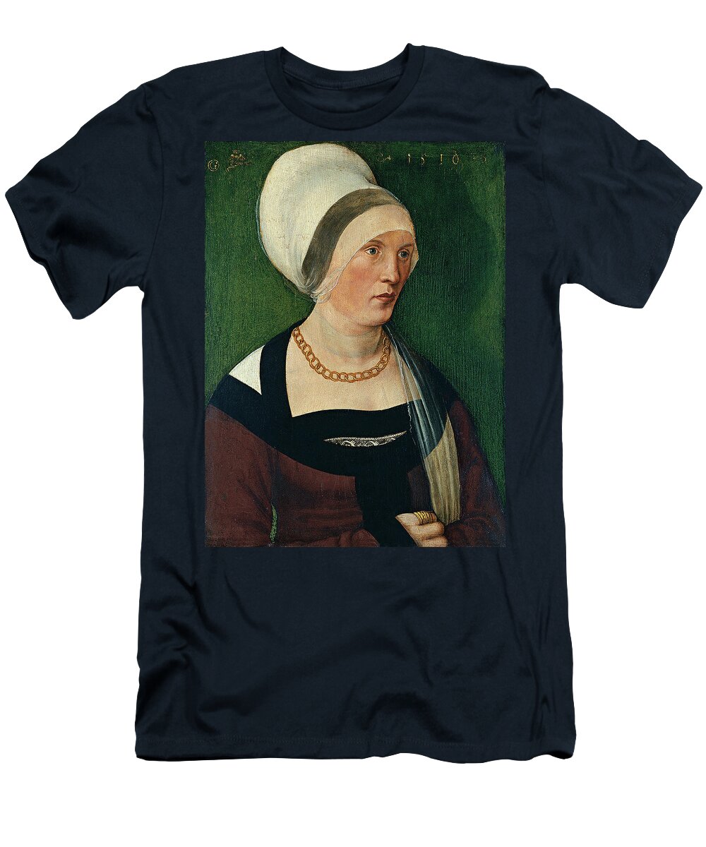 Oil T-Shirt featuring the painting Wolf Traut -Nuremberg ca. 1485-1520-. Portrait of a Woman -1510-. Oil on panel. 37.5 x 28.5 cm. by Wolf Traut -1486-1520-
