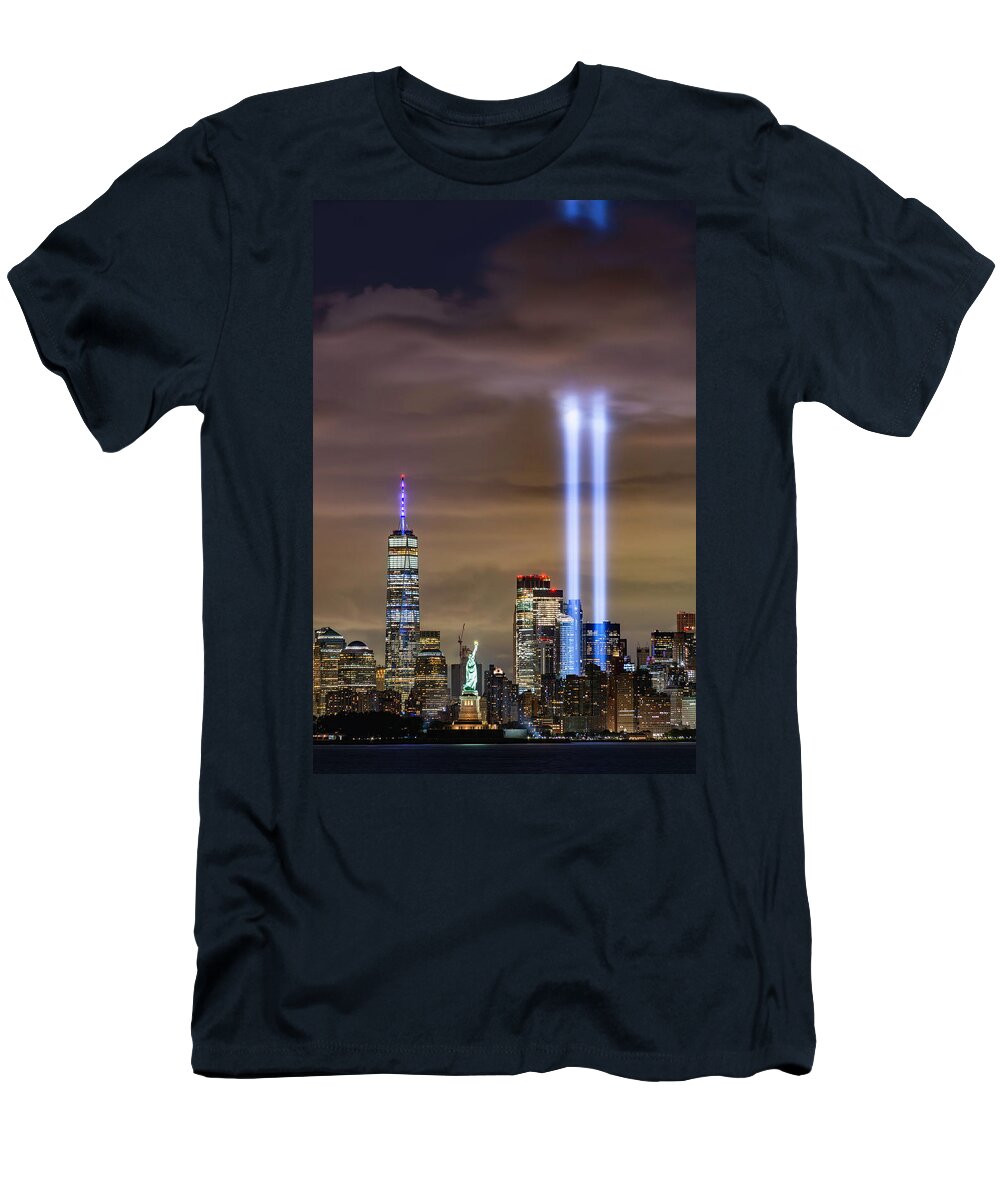 #faatoppicks T-Shirt featuring the photograph 9/11 Memorial Lights #1 by Randy Lemoine