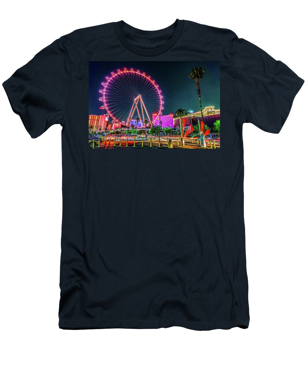 Neon Lights T-Shirt featuring the photograph Las Vegas Nevada High Roller Ferris Wheel #2 by Dave Morgan