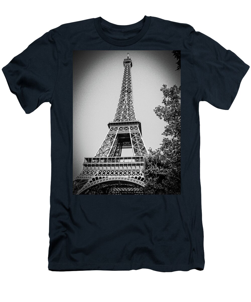 France T-Shirt featuring the photograph Eiffel Tower in Black and White #2 by Jim Feldman