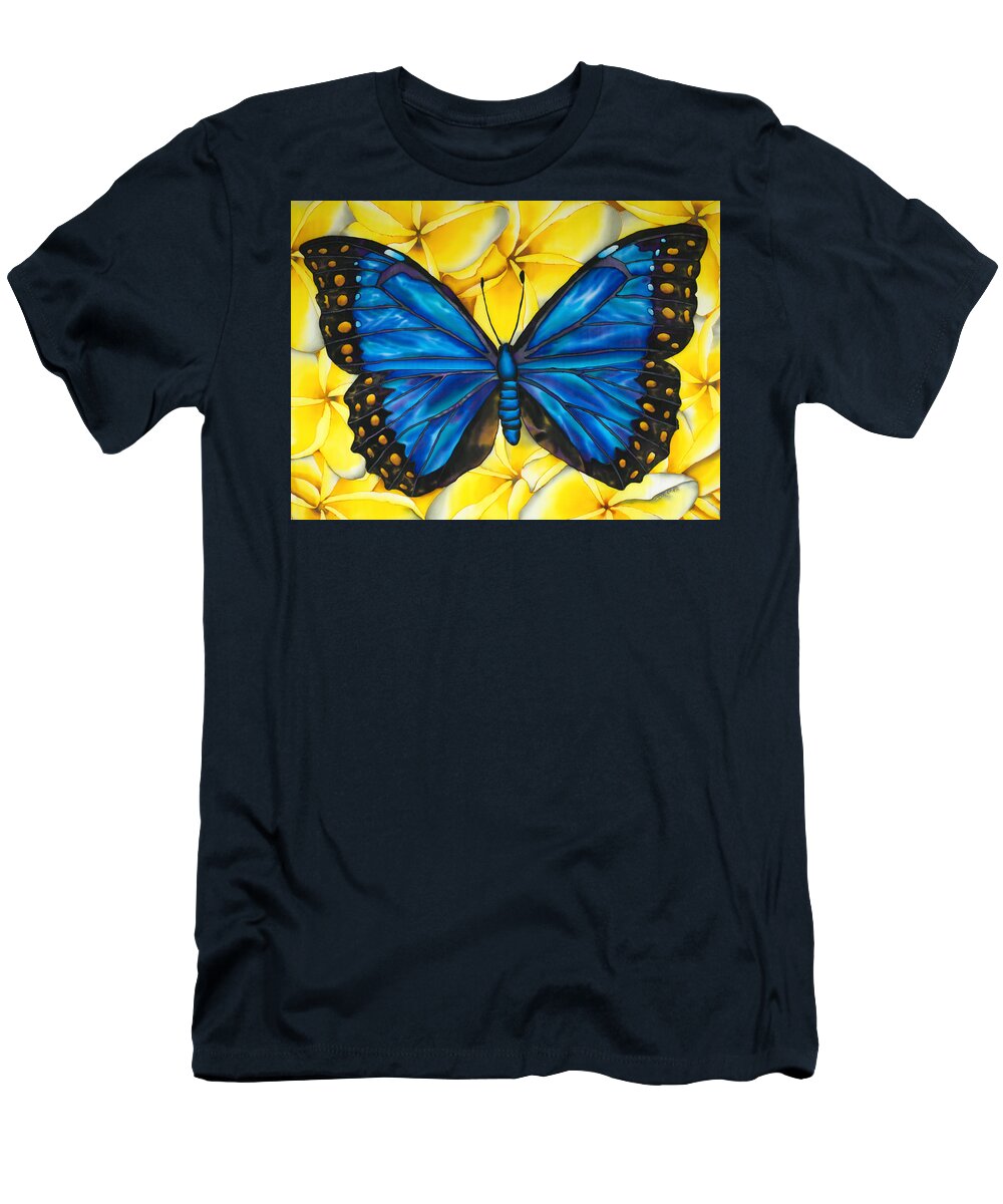 Frangipani Flower T-Shirt featuring the painting Blue morpho Butterfly #2 by Daniel Jean-Baptiste