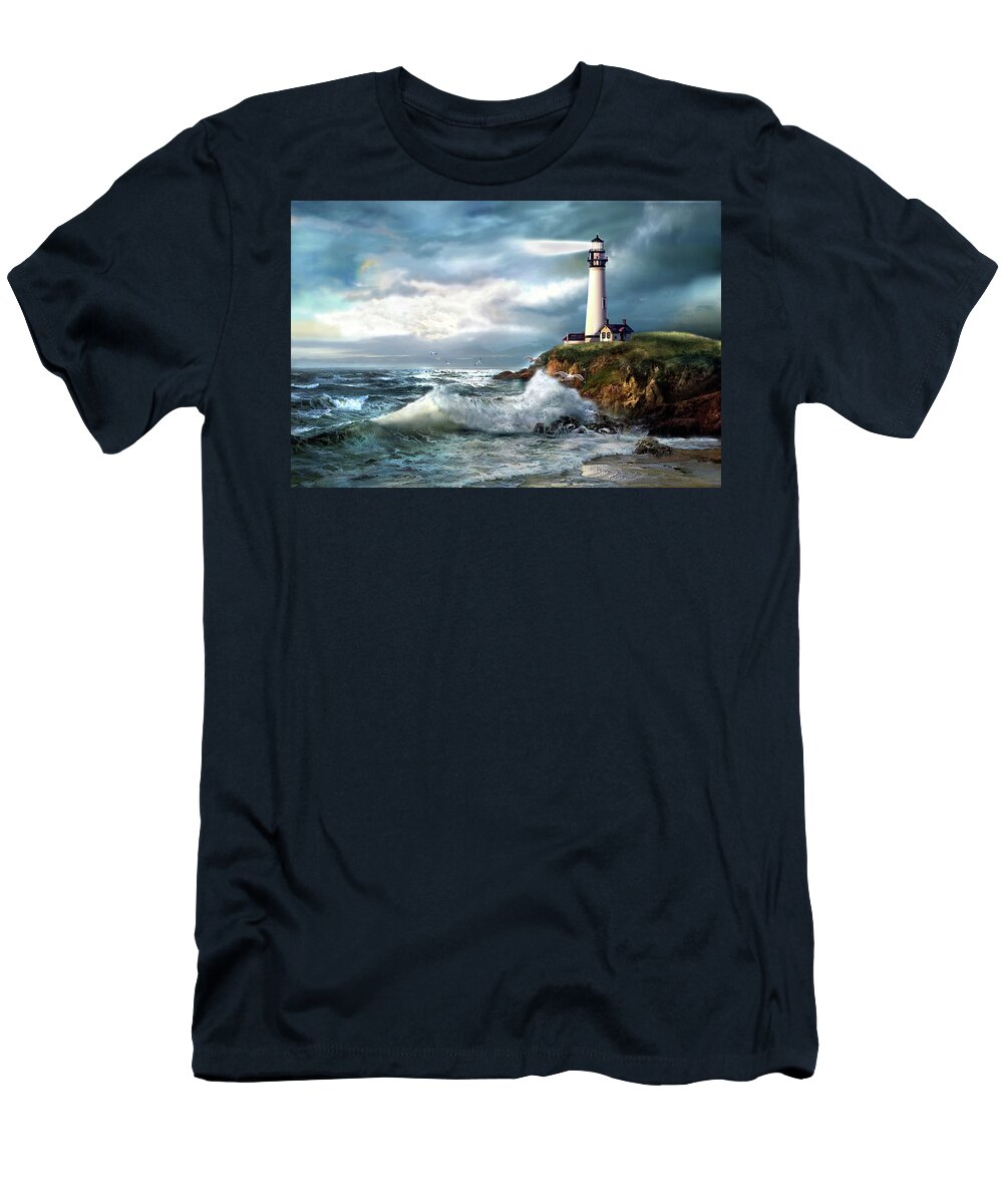 Seascape T-Shirt featuring the painting A Light of Hope, Pigeon Point Lighthouse by Regina Femrite