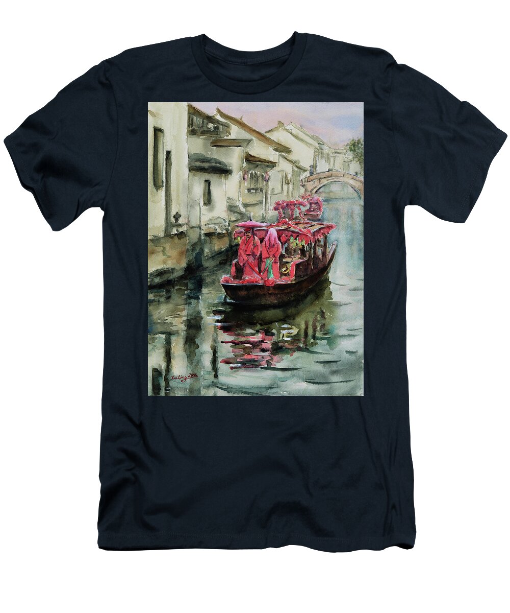 Village T-Shirt featuring the painting A Traditional Village Boat Wedding on the Ancient Canal in South China by Xueling Zou