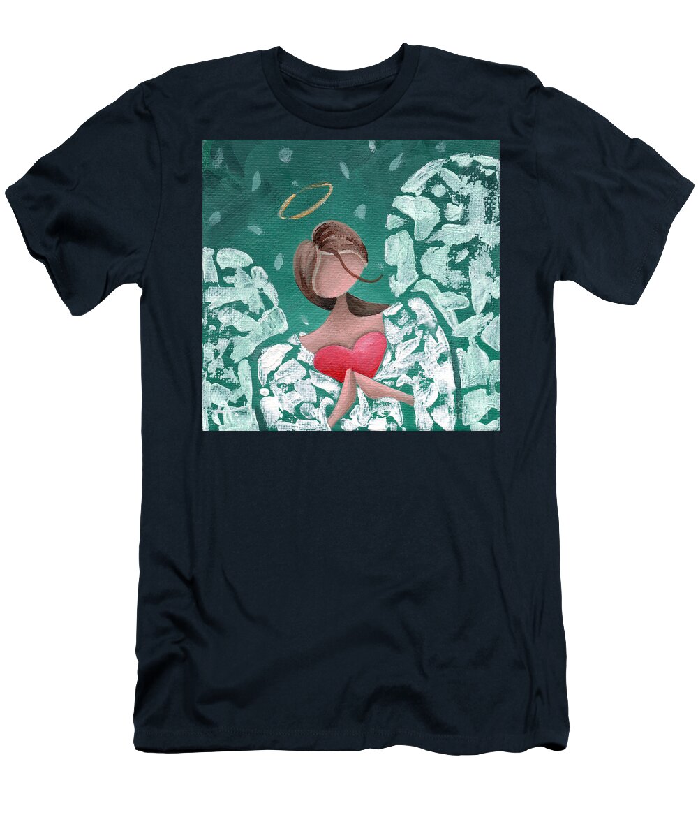 Angel T-Shirt featuring the painting Angel Hearted - Teal Square by Annie Troe