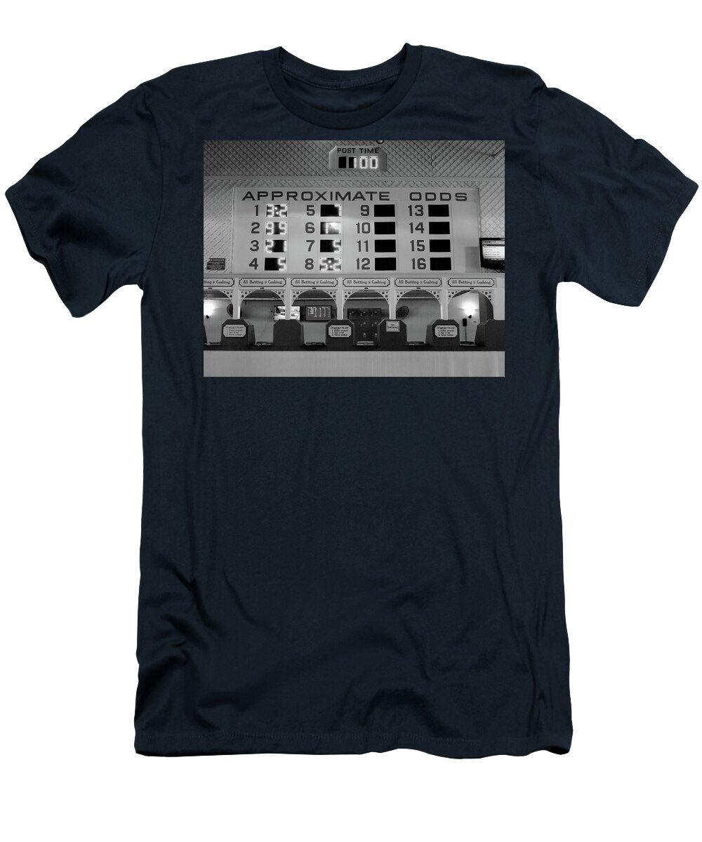 Horse Racing T-Shirt featuring the photograph Approximate Odds in Black and White Cropped by Michael Gerbino