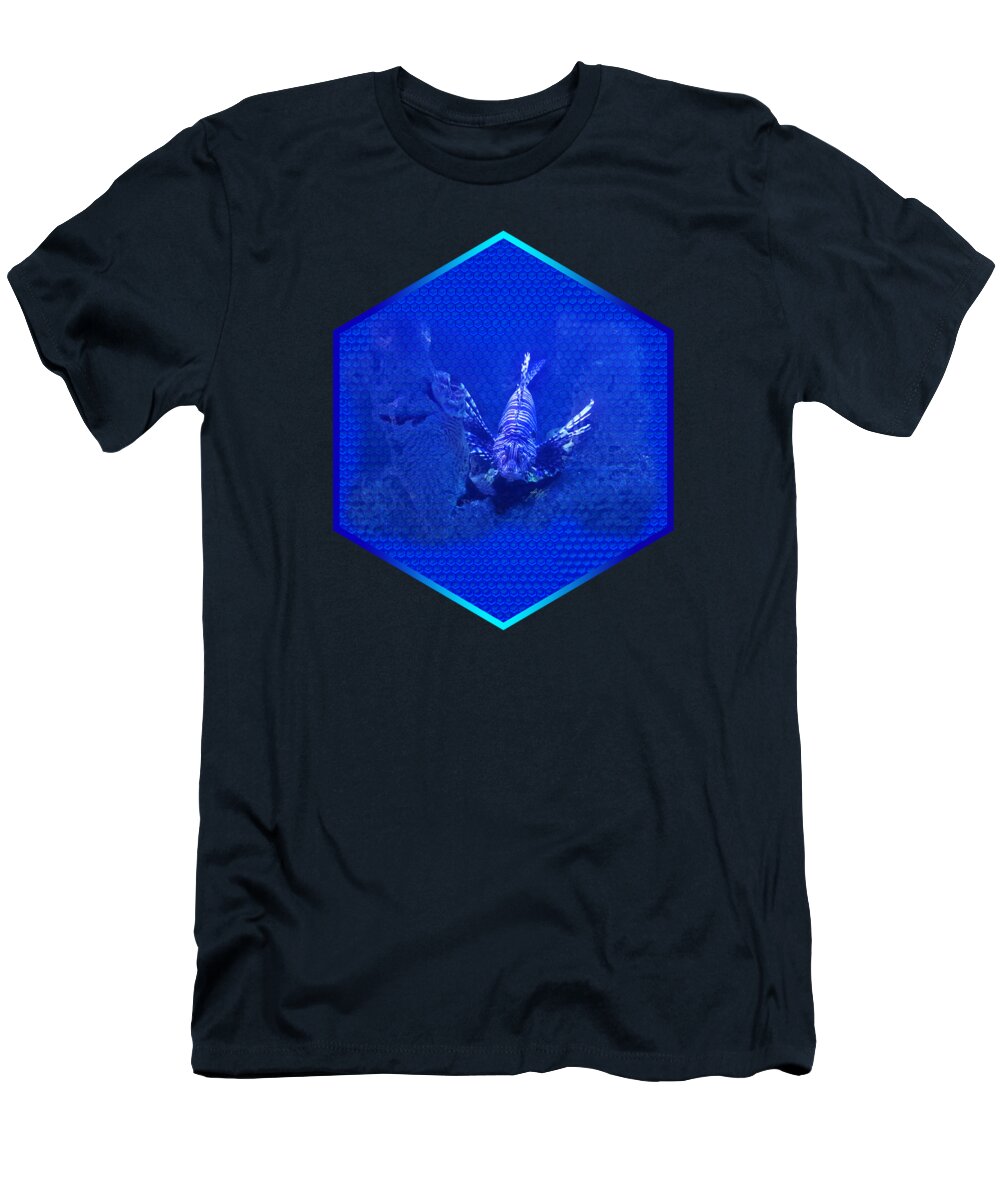 Lionfish T-Shirt featuring the mixed media Lionfish on Blue Hexagonal Bubblewrap Pattern by Michael Cotto