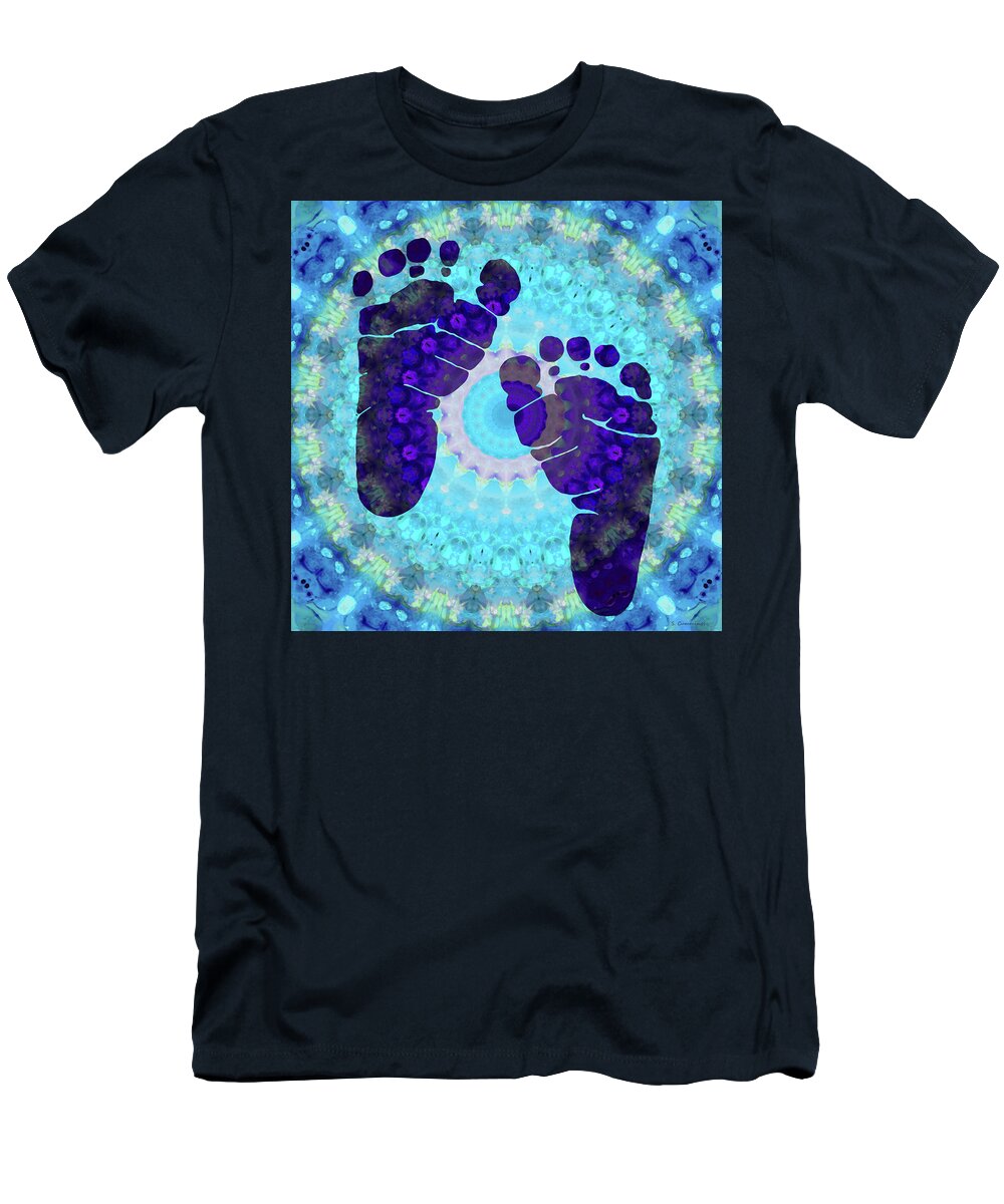 Blue T-Shirt featuring the painting Baby Steps 1 - Blue Feet Art - Sharon Cummings by Sharon Cummings