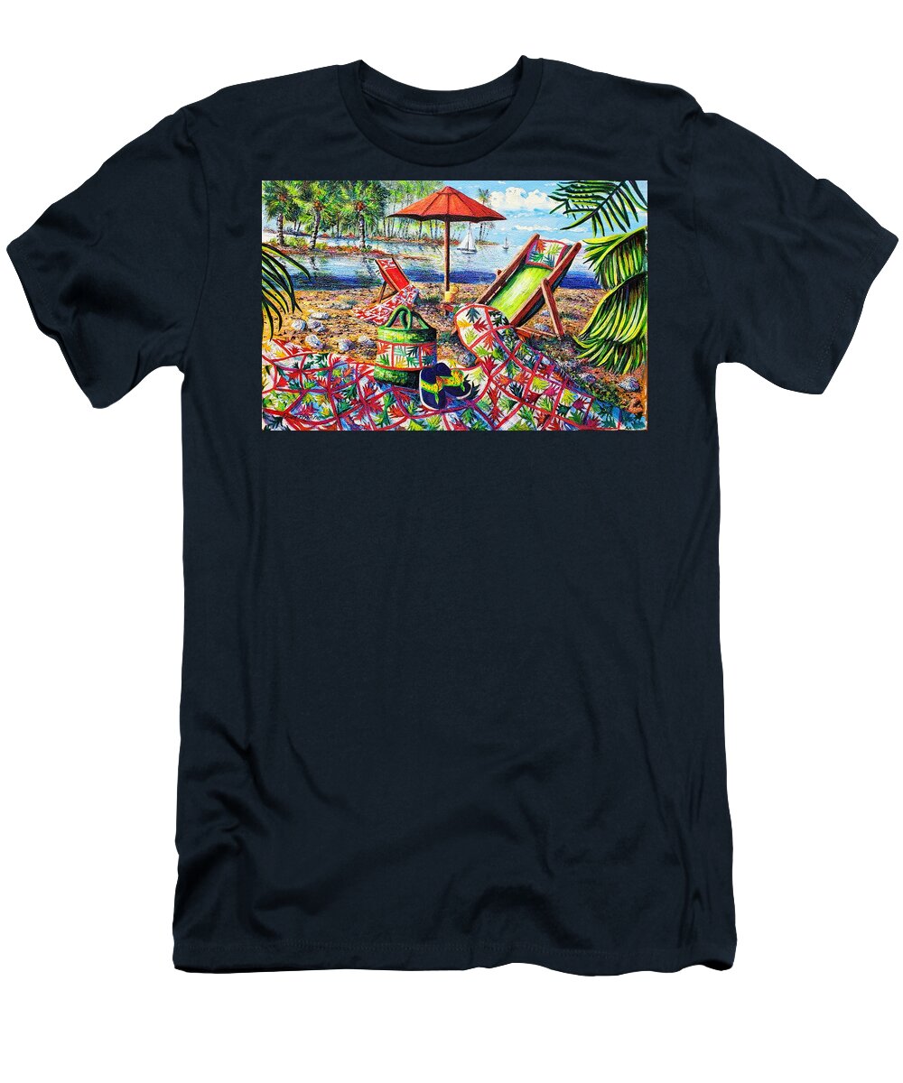 Palm Quilt At The Beach T-Shirt featuring the painting Beach Retreat by Diane Phalen