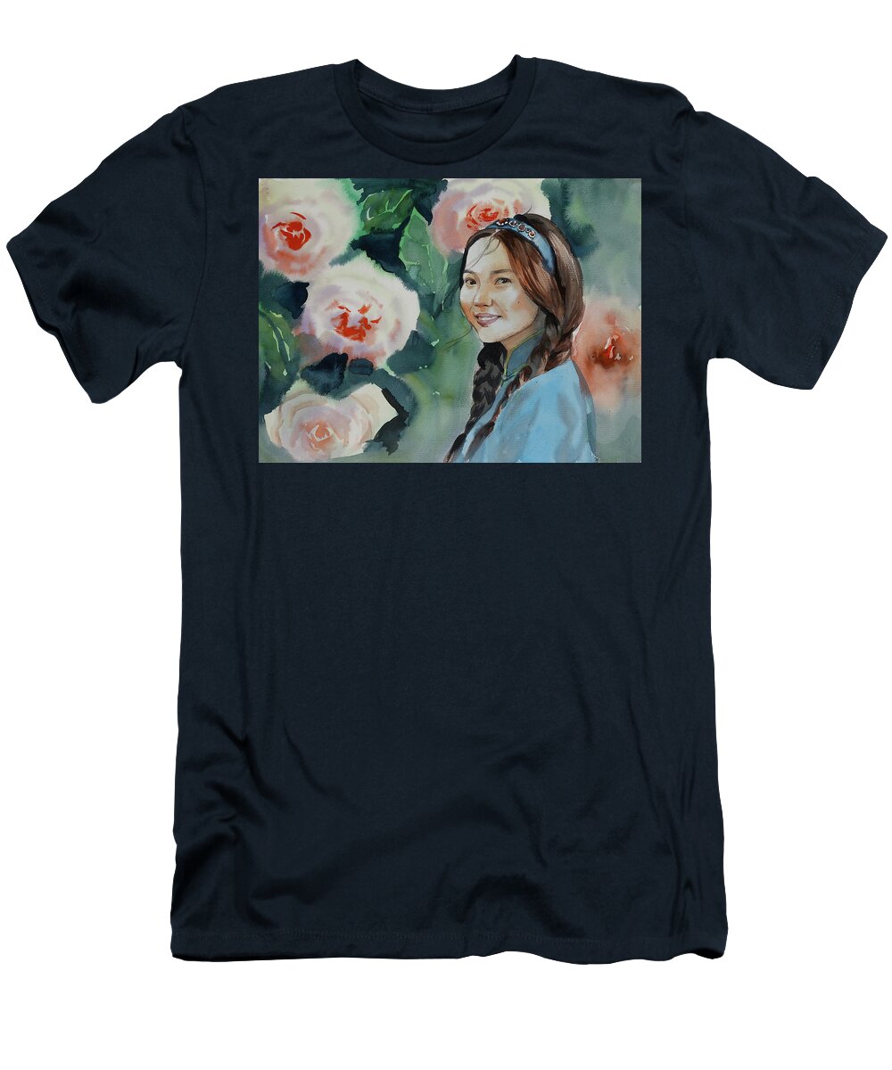 Beautiful T-Shirt featuring the painting Beautiful Mongolian Woman by Munkhzul Bundgaa