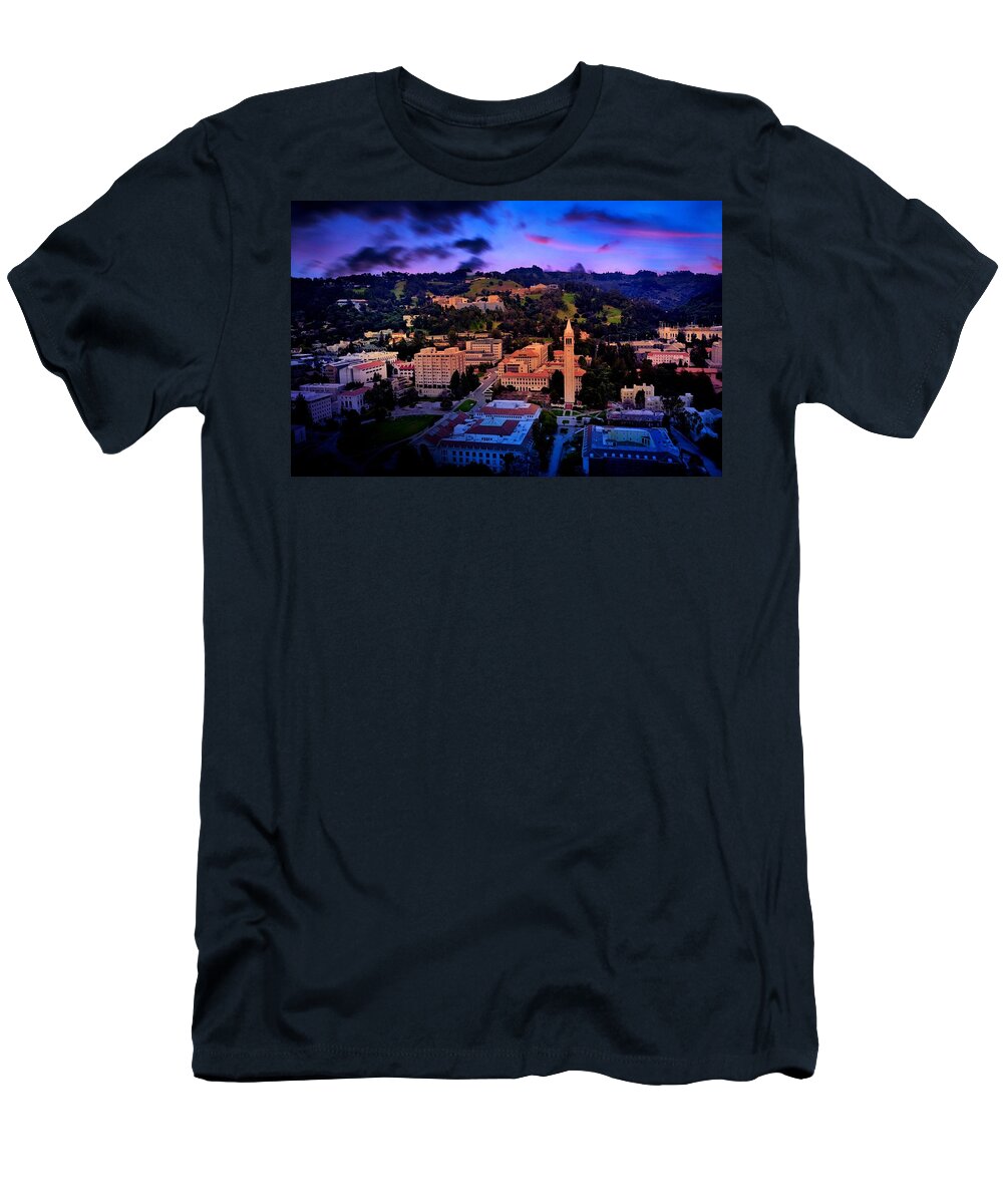 Berkeley T-Shirt featuring the digital art Berkeley University of California campus - aerial at sunset by Nicko Prints