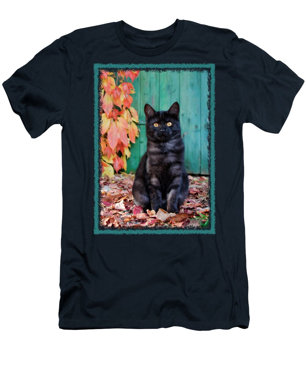 Cat T-Shirt featuring the photograph Black Kitten in Autumn by Katho Menden