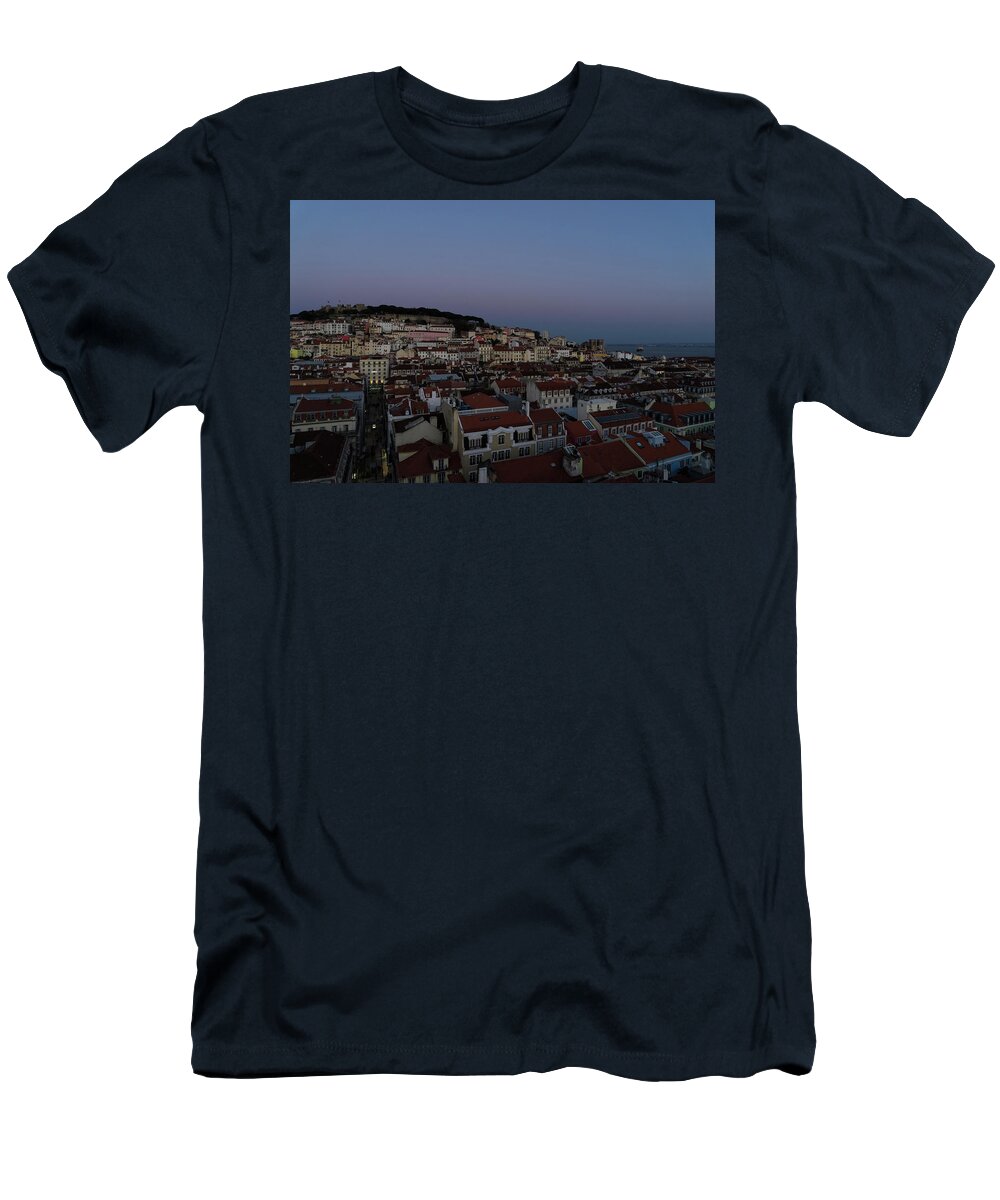 Blue Hour T-Shirt featuring the photograph Blue Hour with a Hint of Pink over Lisbon Portugal by Georgia Mizuleva