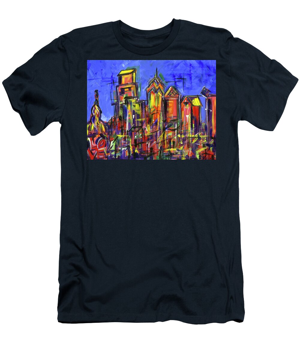 Philly T-Shirt featuring the painting Blue Philadelphia Skyline with Love by Britt Miller