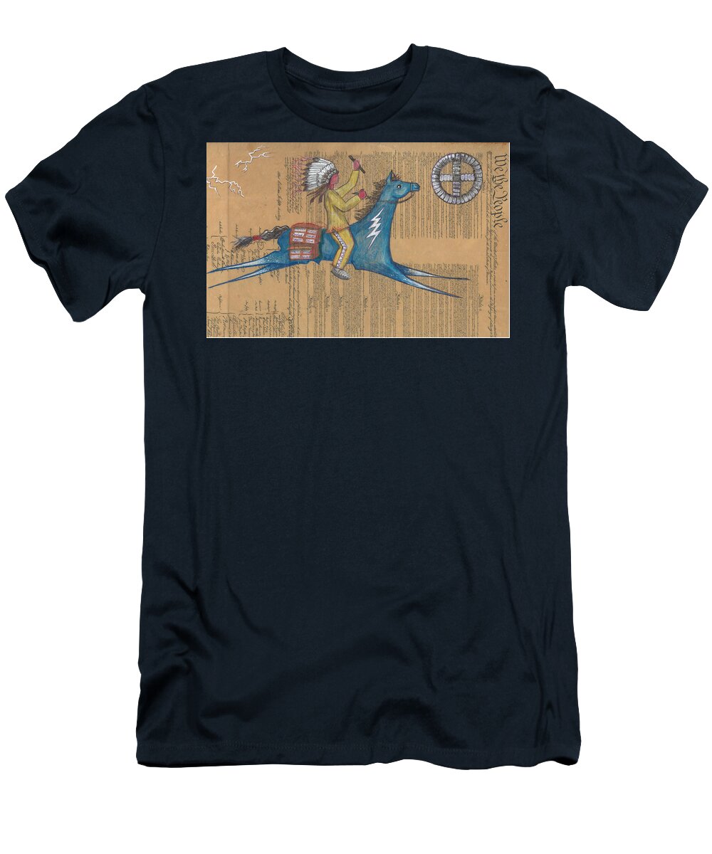 Ledger Art T-Shirt featuring the drawing Blue Pony on Constitution by Robert Running Fisher Upham