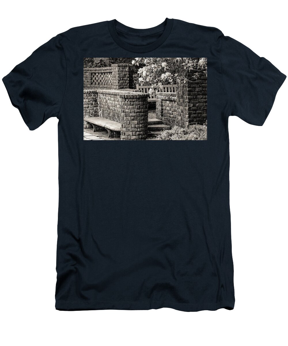 Brick Walls Bench Stairs Flowers B&w T-Shirt featuring the photograph Brick Walls2 by John Linnemeyer