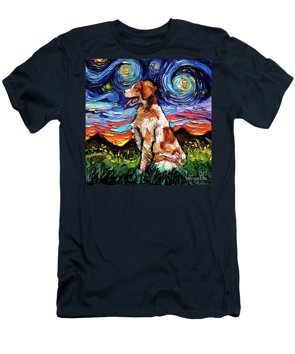 Starry Night Dog T-Shirt featuring the painting Brittany Spaniel Night by Aja Trier