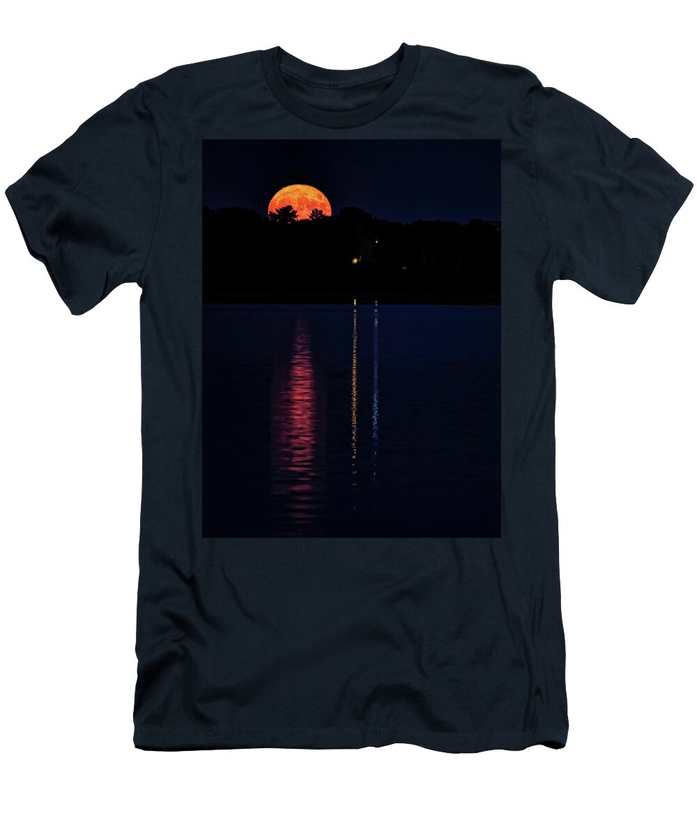 Full Moon T-Shirt featuring the photograph Buck Moon Reflecting In Lake Wausau by Dale Kauzlaric